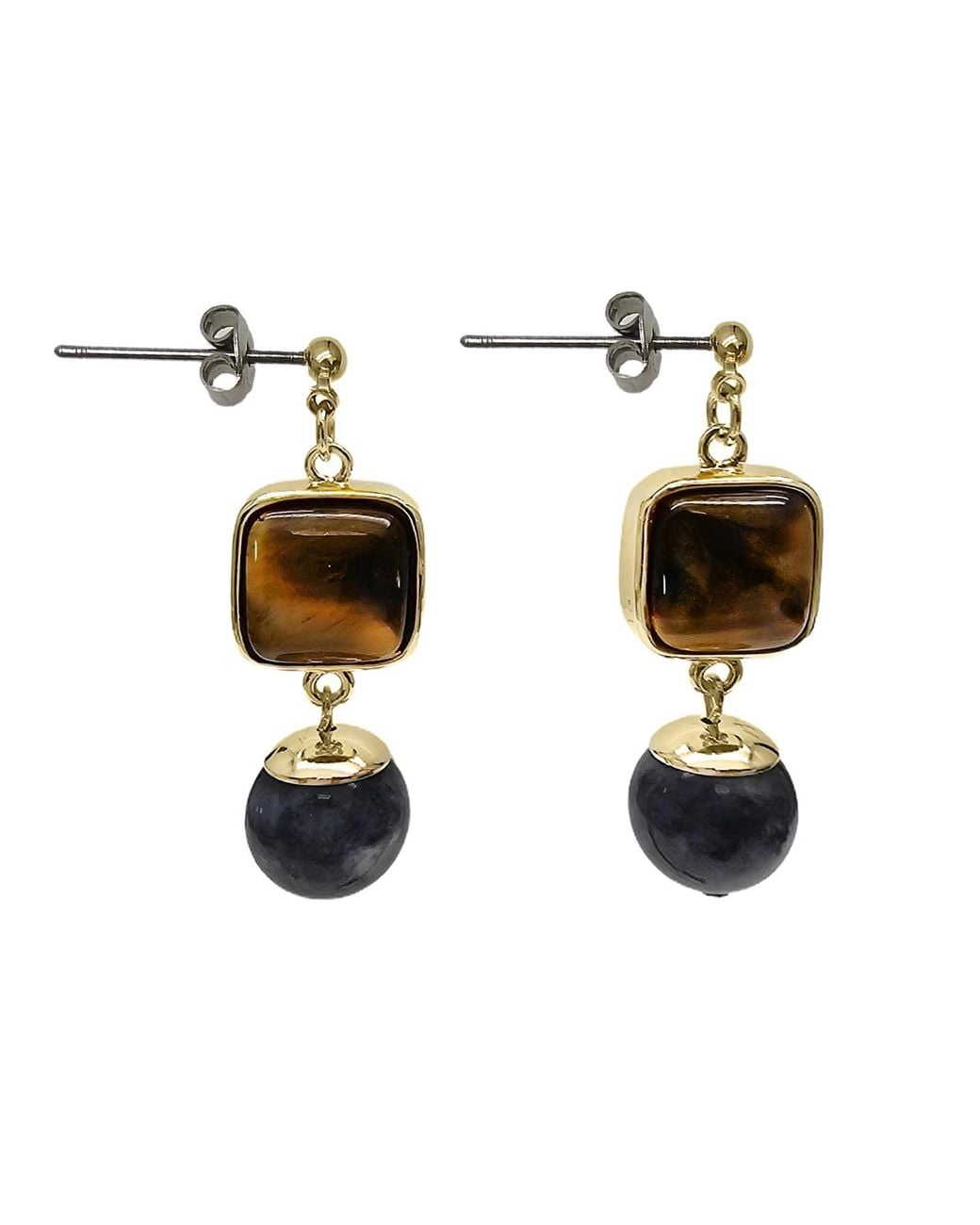 Farra Metallic Tiger-Eye Stone With Obsidian Minimalist Earrings