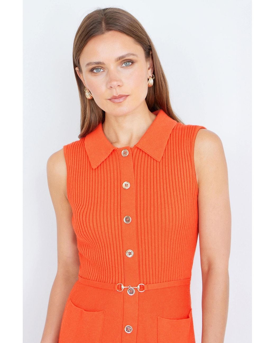 Yumi' Orange Rib Knitted Skater Dress With Buckle Detail