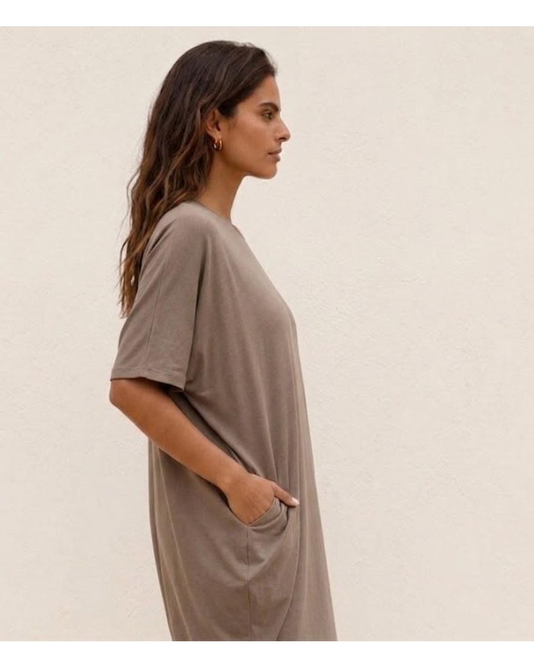 Conquista Brown Architectural Seam Jersey Dress With Pockets