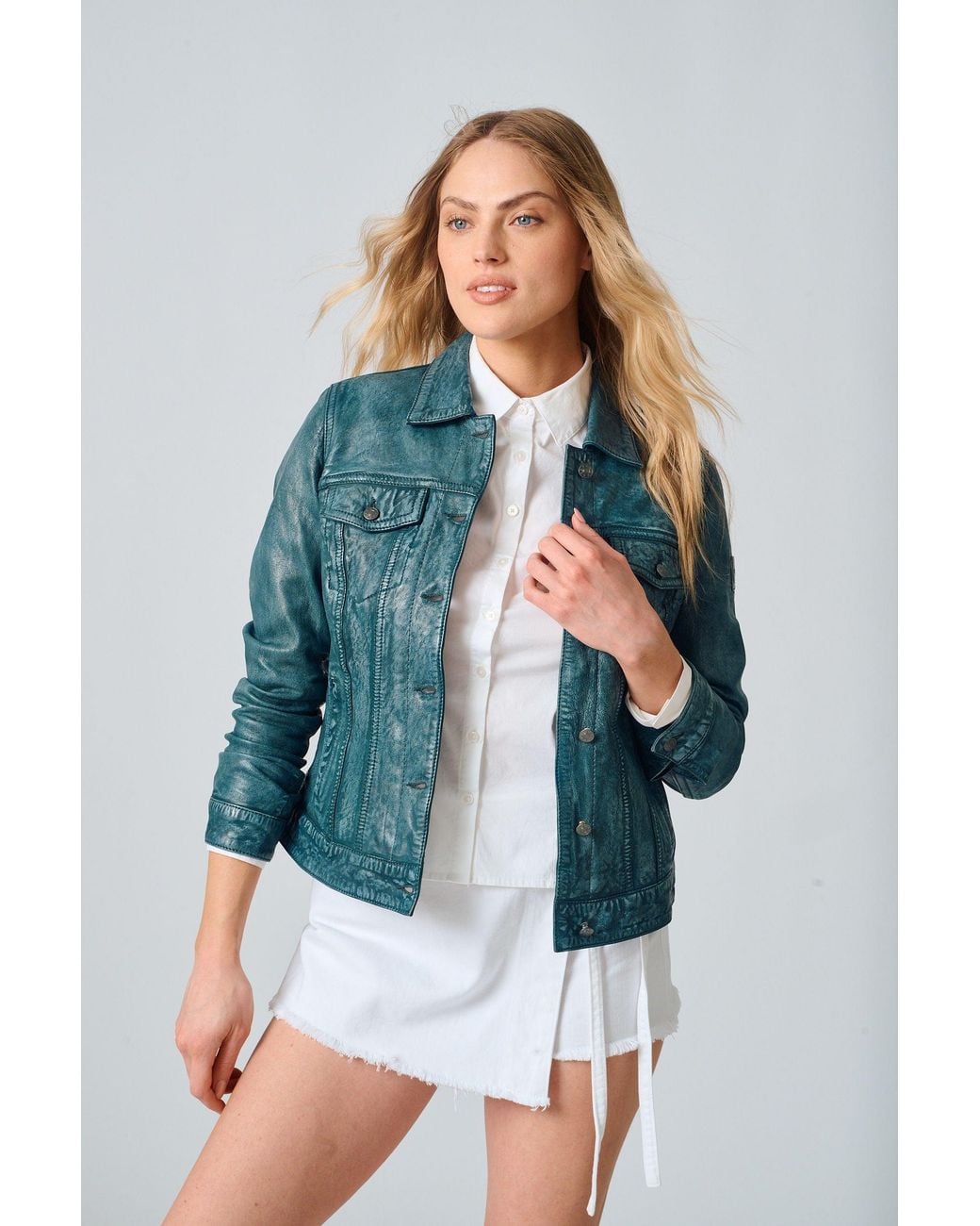 Mauritius Blue Leather Denim Jacket Jessie