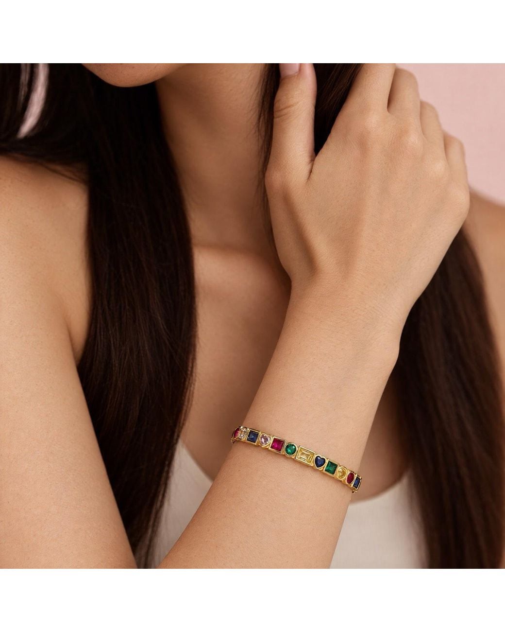 Saéa Metallic Jewel Tone Mixed-Cut Quartz Hinged Bangle Bracelet
