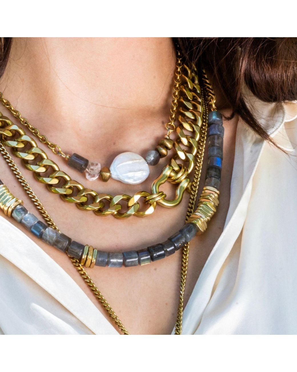 Rachel Nathan Metallic Labradorite Barrel & Brass Heishi Necklace