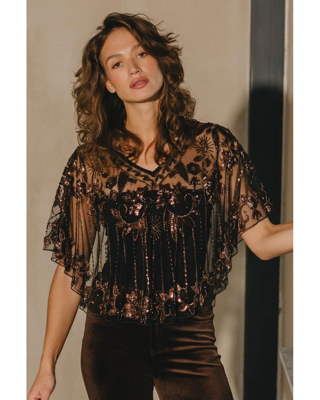 Traffic People Black Rose Talitha's Dream Sheer Bronze Beaded Sequin Poncho Top