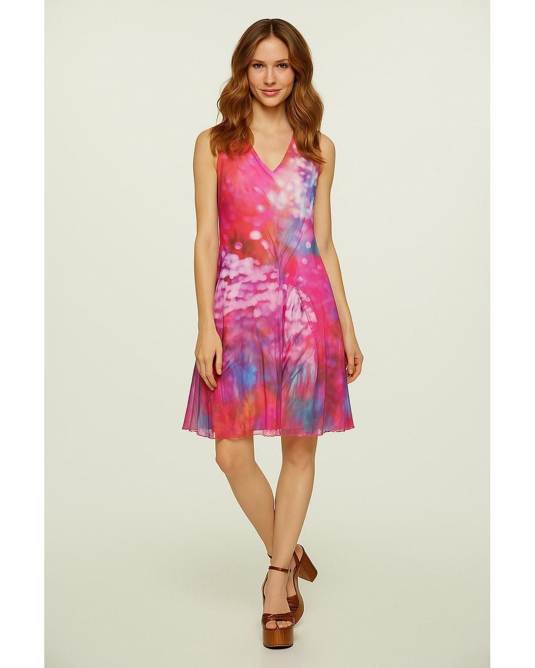 Conquista Purple Sleeveless A-Line Dress – Abstract Print, Lined Cotton With Sheer Nylon Overlay