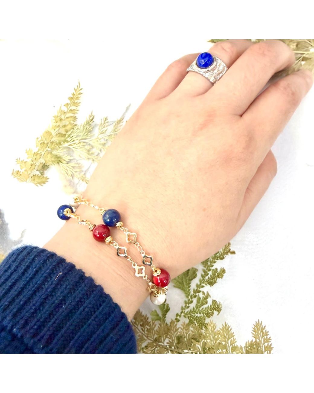 Farra Blue Lapis Bamboo Coral And Pearl Double Layer Chain Bracelet