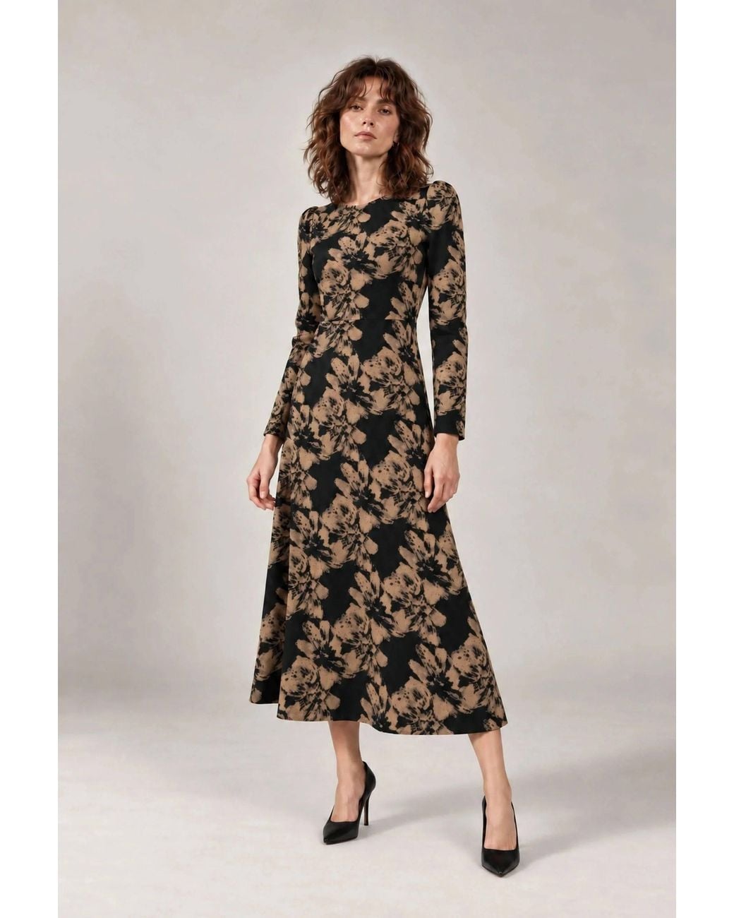 James Lakeland Black Camel Floral Long-Sleeve Midi Dress