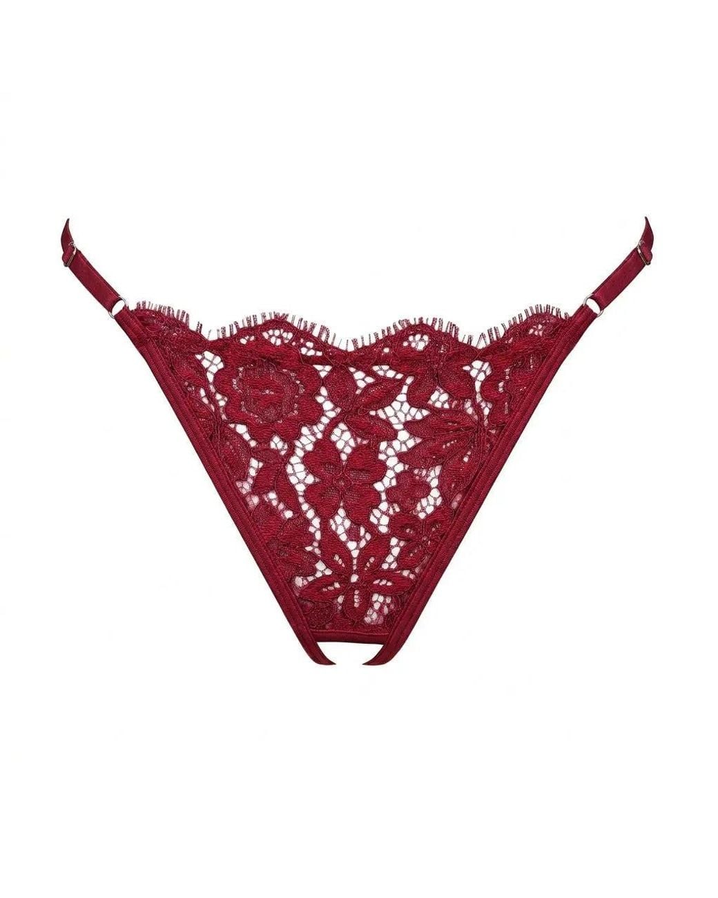 MONIQUE MORIN LINGERIE Red Frisson Thong Ouvert Bloodstone