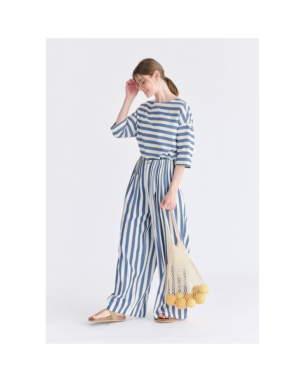 Paisie Blue Front Pleats Detail Wide Leg Trousers