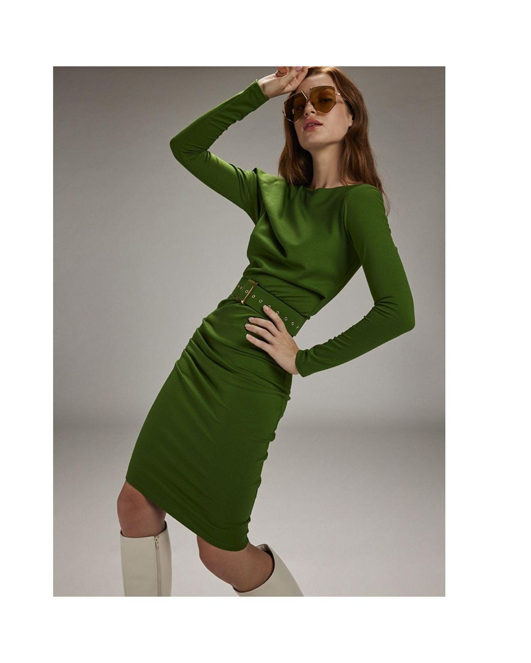 ALINA CERNĂTESCU Green Slide Midi Cocktail Dress With Asymmetric Skirt And Textile Belt