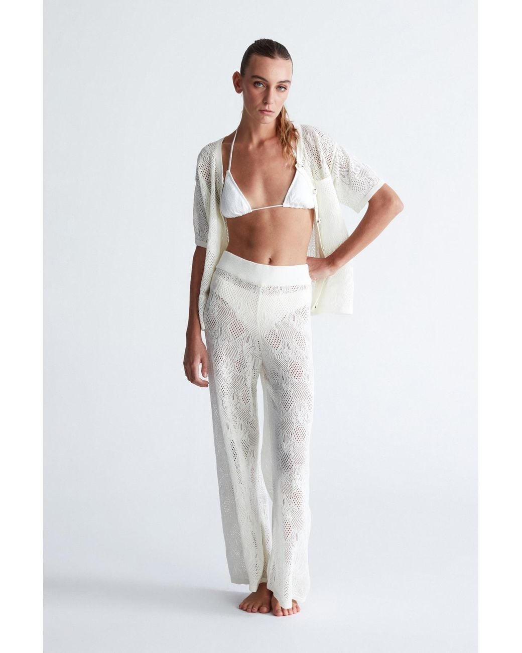 Peraluna White Emma Lace Knit Flared Trouser