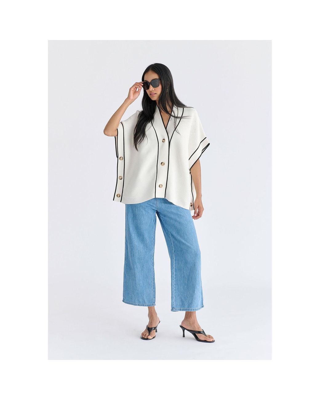Paisie Metallic Button Details Kimono Ribbed Cardigan