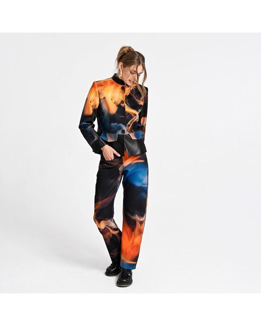 Lalipop Design Blue Cropped Jacket With Vegan Leather Trim And Digital Flame Print