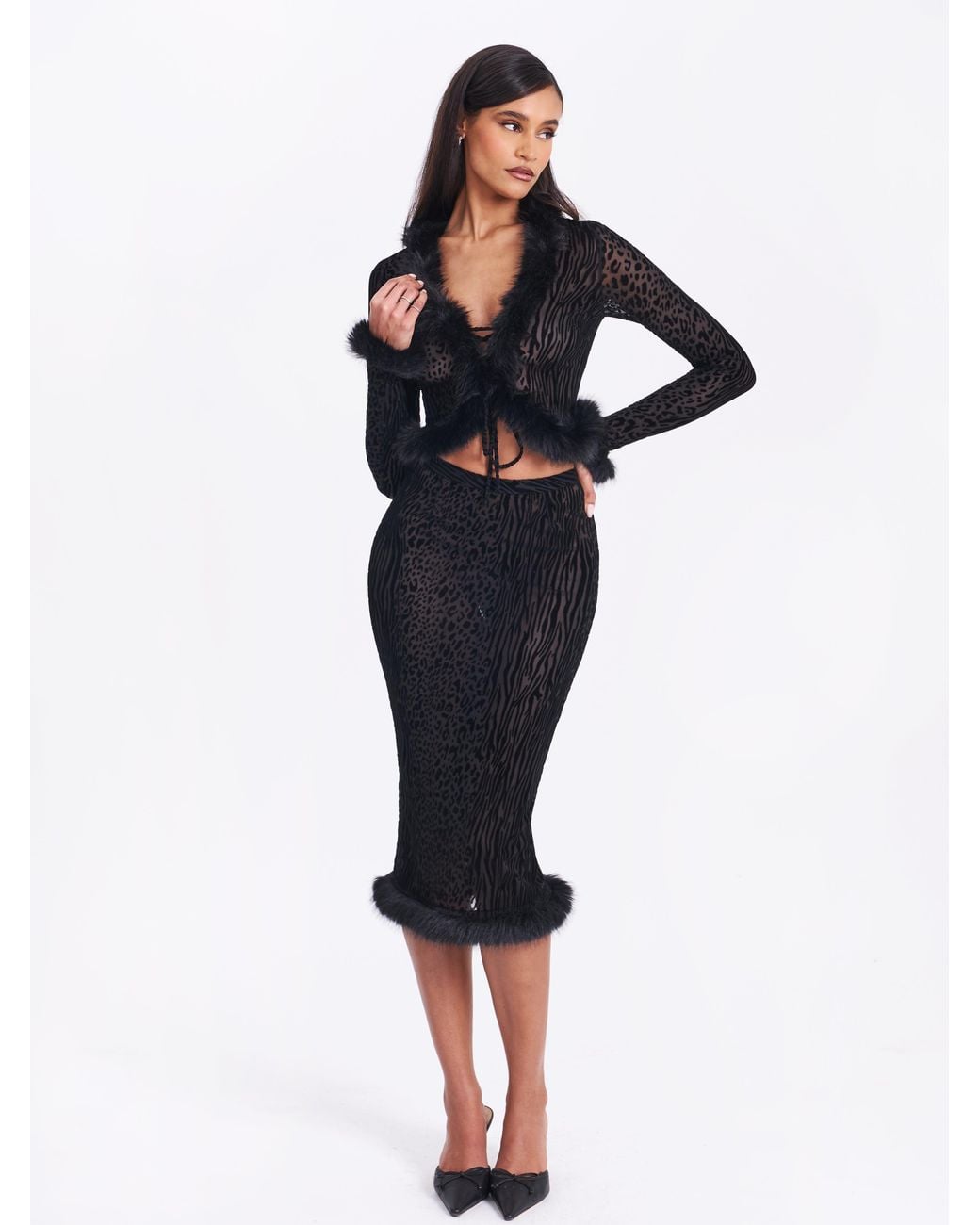 Miss Circle New York Black Halia Animal Print Burnout Velvet Fur Trim Skirt