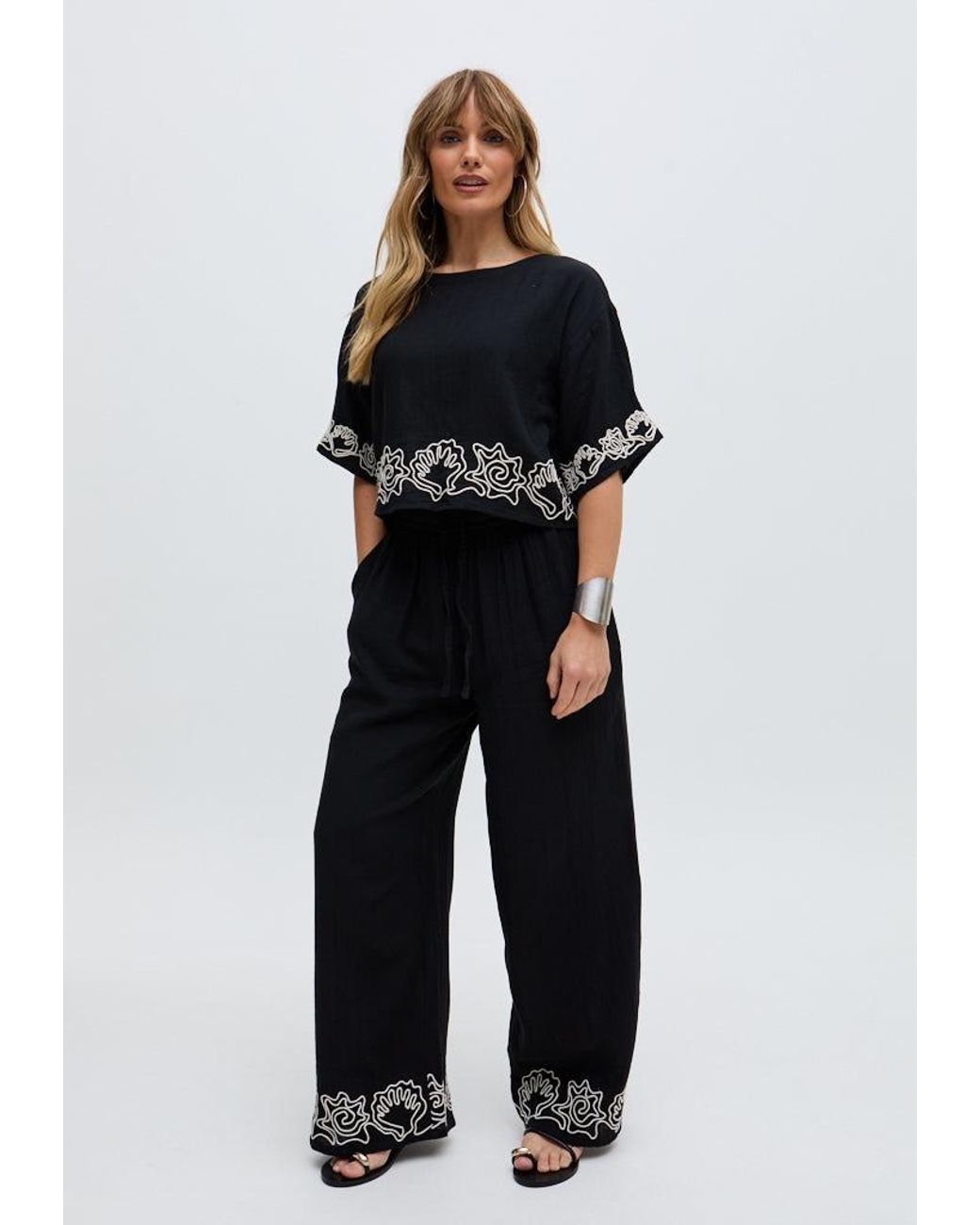 Raffya Black Milly Wide Leg Embroidered Trouser