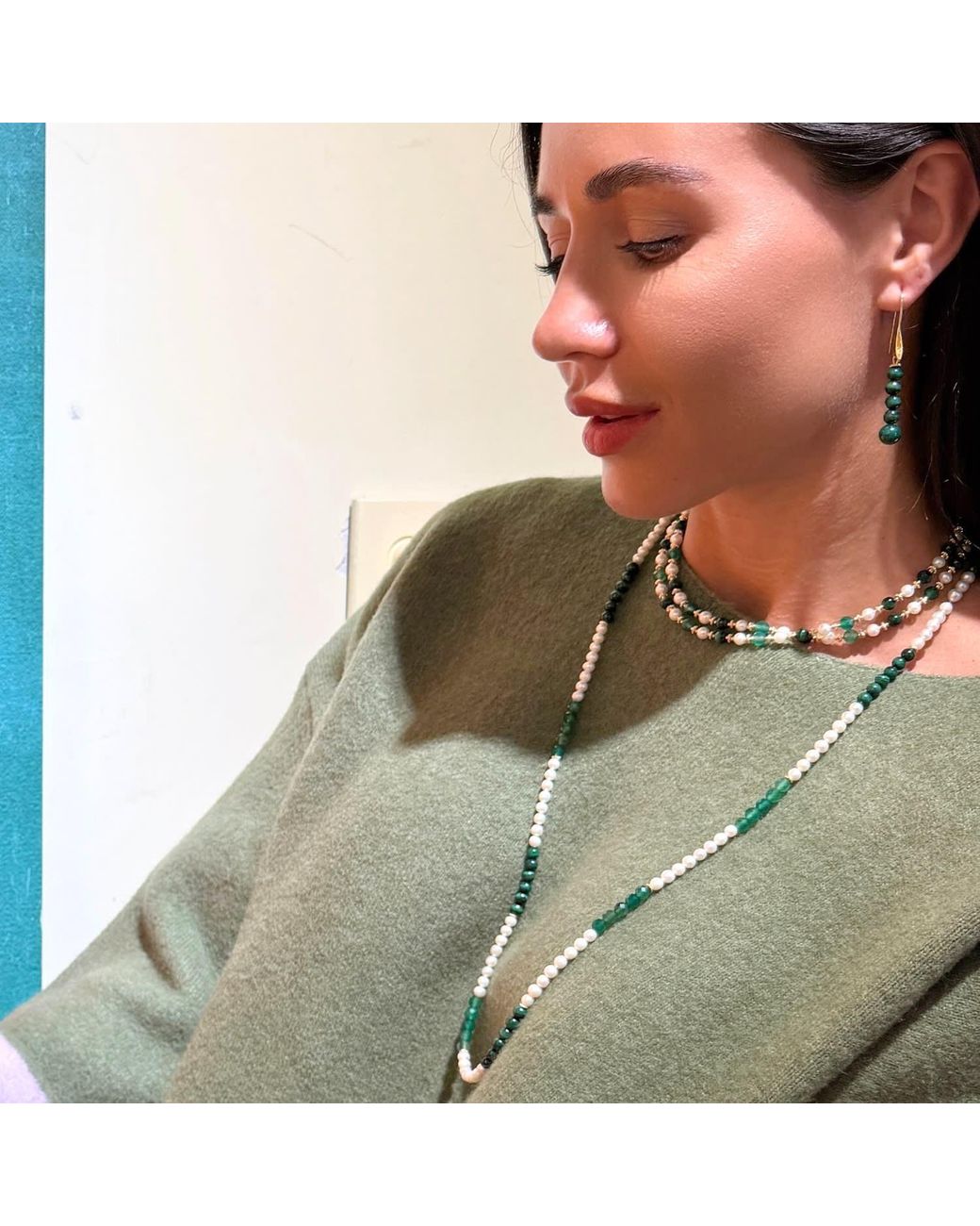 Farra Green Freshwater Pearl With Malachite And Agate Long Necklace