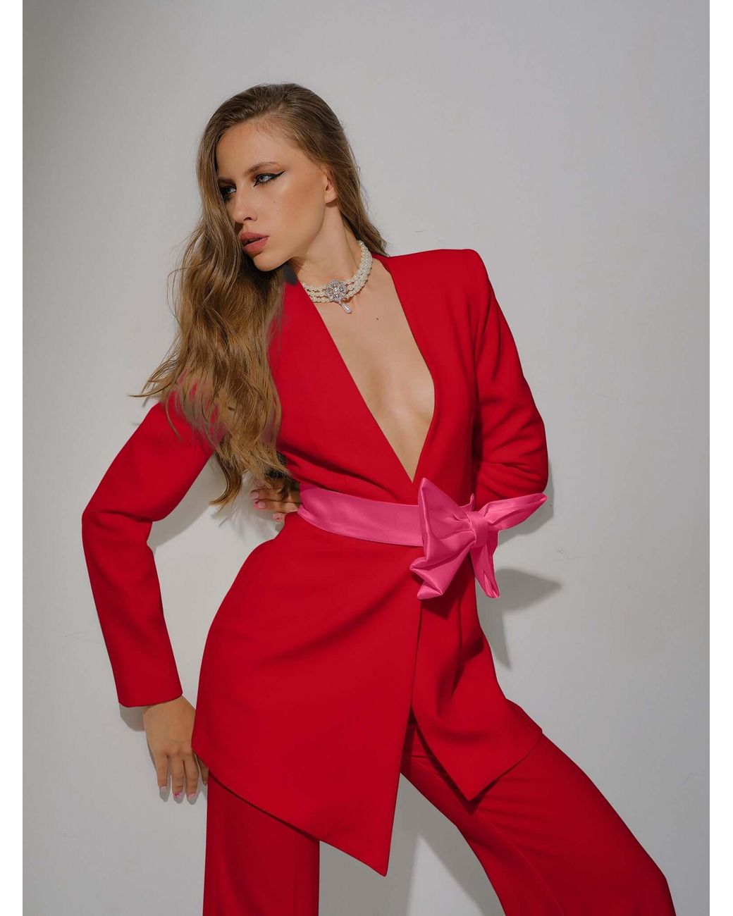 Tia Dorraine Red Pearl Blazer With Detachable Bow Belt