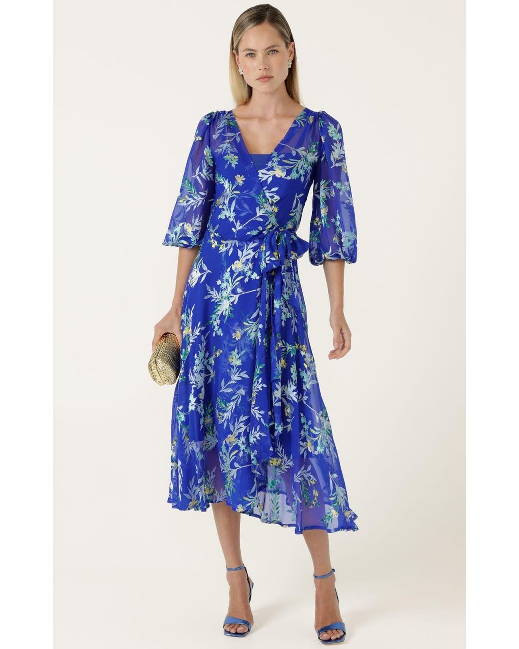 SACHA DRAKE Blue Elspeth Silk Rayon Wrap Midi Dress