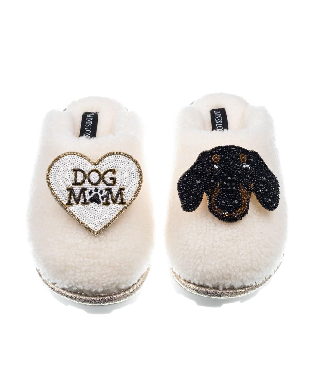 Laines London Metallic Teddy Closed Toe Slippers With Little Sausage The Dachshund & Dog Mum Mom Brooches
