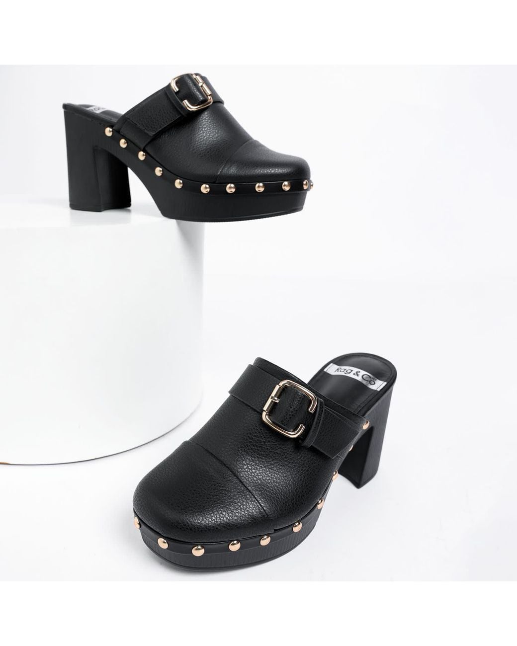 Rag & Co Black Septim Genuine Leather Studded Clog Heels