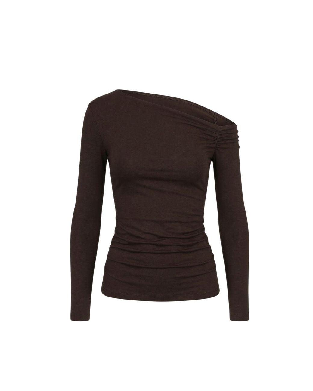 Monlicia Brown Asymmetric Off-Shoulder Long Sleeve Stretch Lune Top