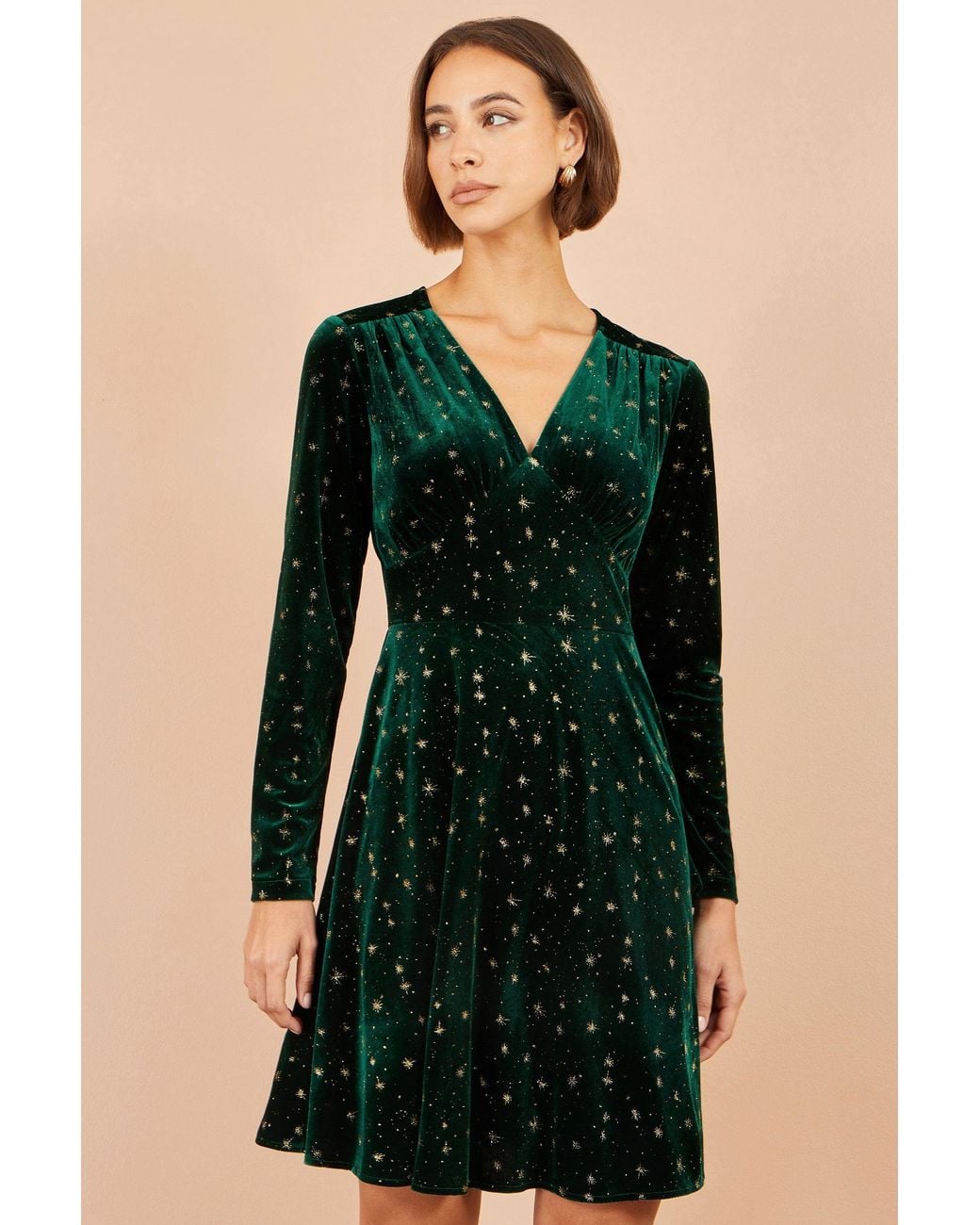 Yumi' Green Velvet Skater Dress With Foil Star Print