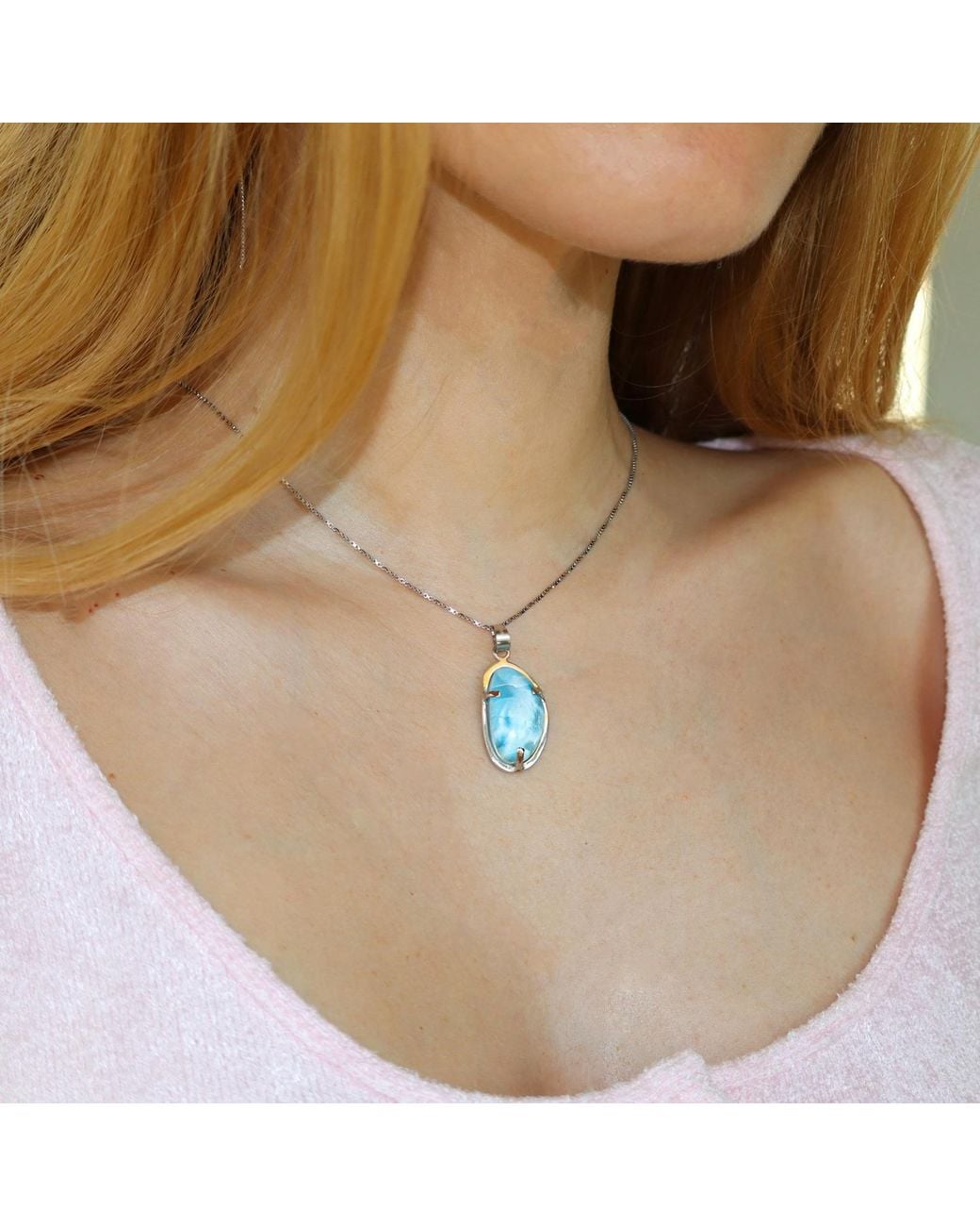 Mineralgems•Studio Blue Oval Larimar Pendant With Sterling Chain