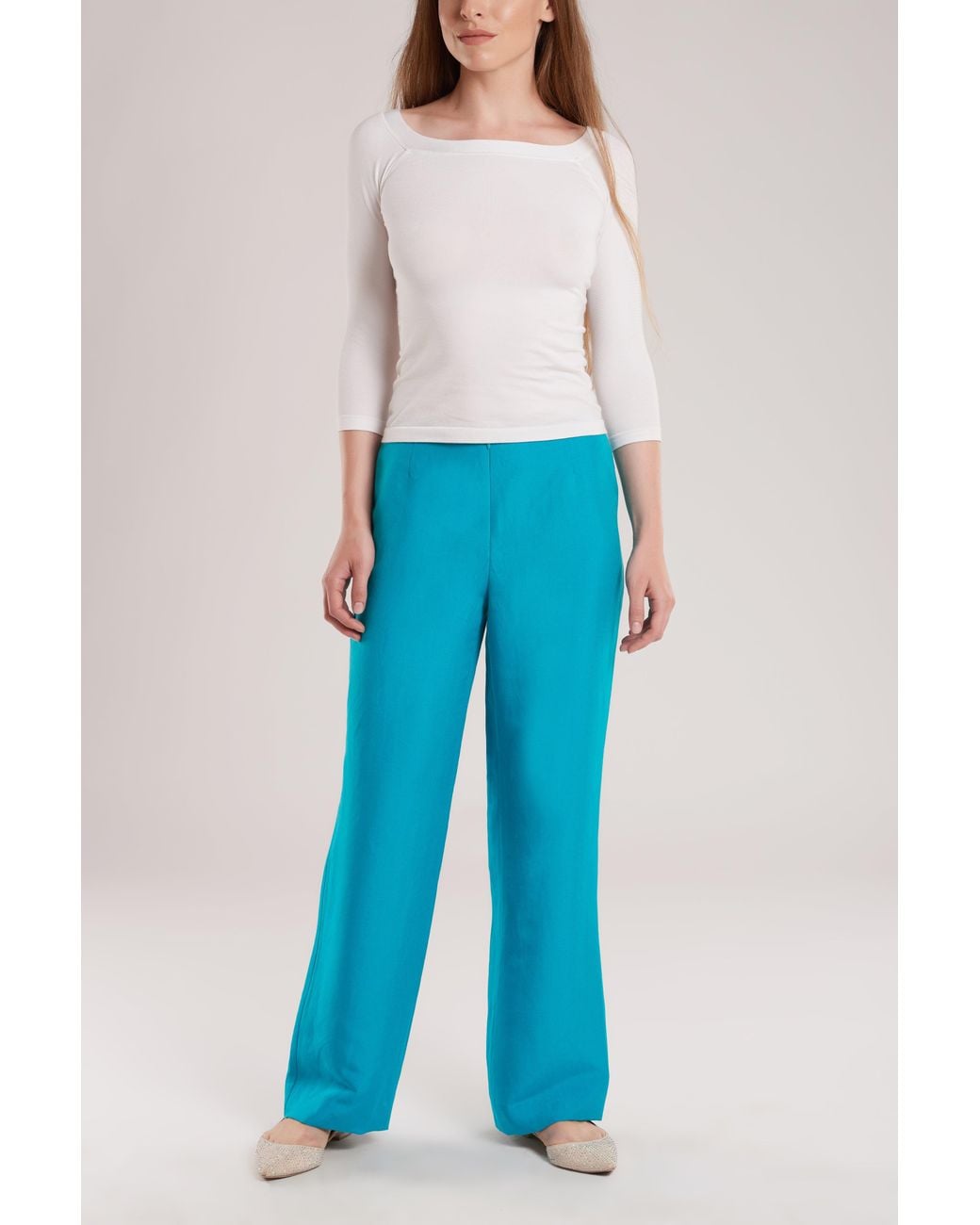 Ginta Blue Silk & Linen Blend Wide Leg Pants
