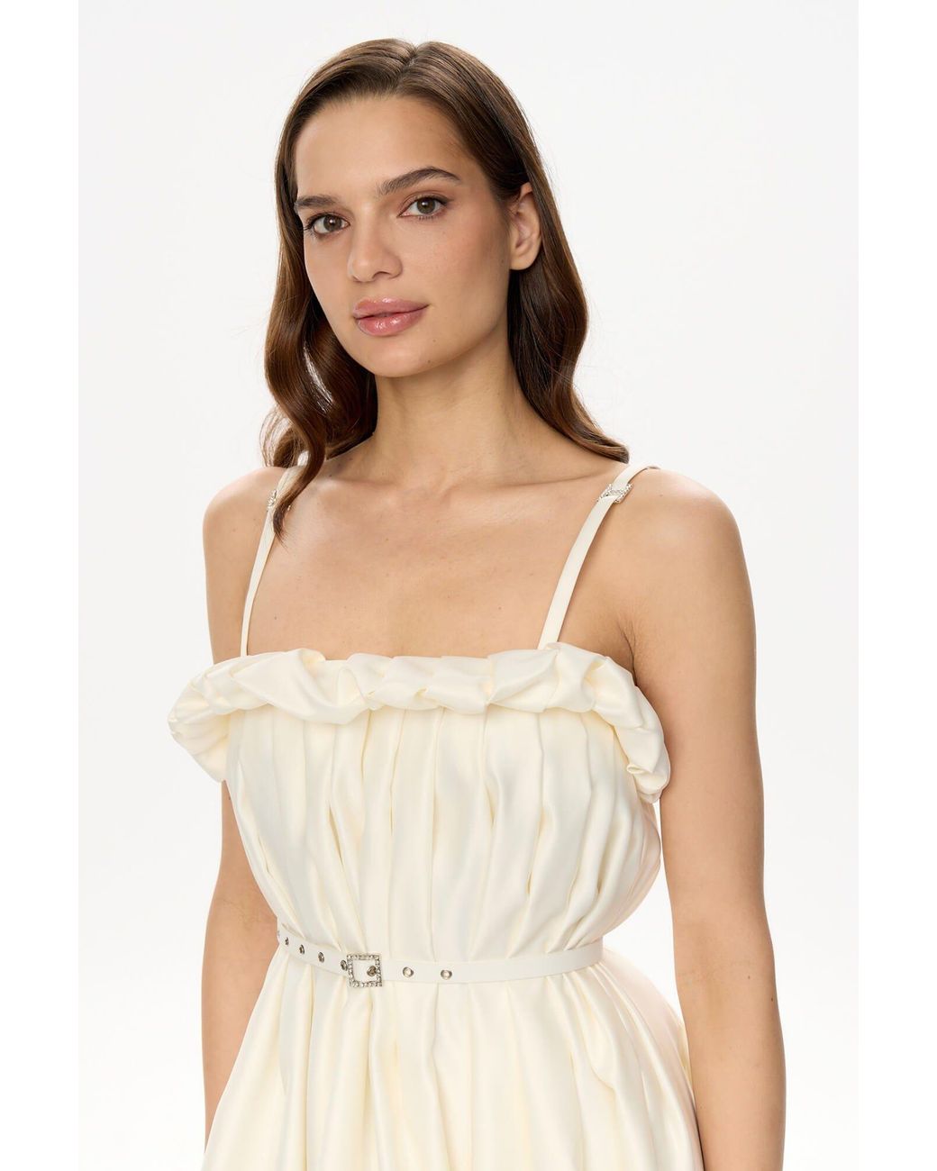 POST MERIDIEM Natural Neutrals Draped Thin Strap Mini Dress With Belt