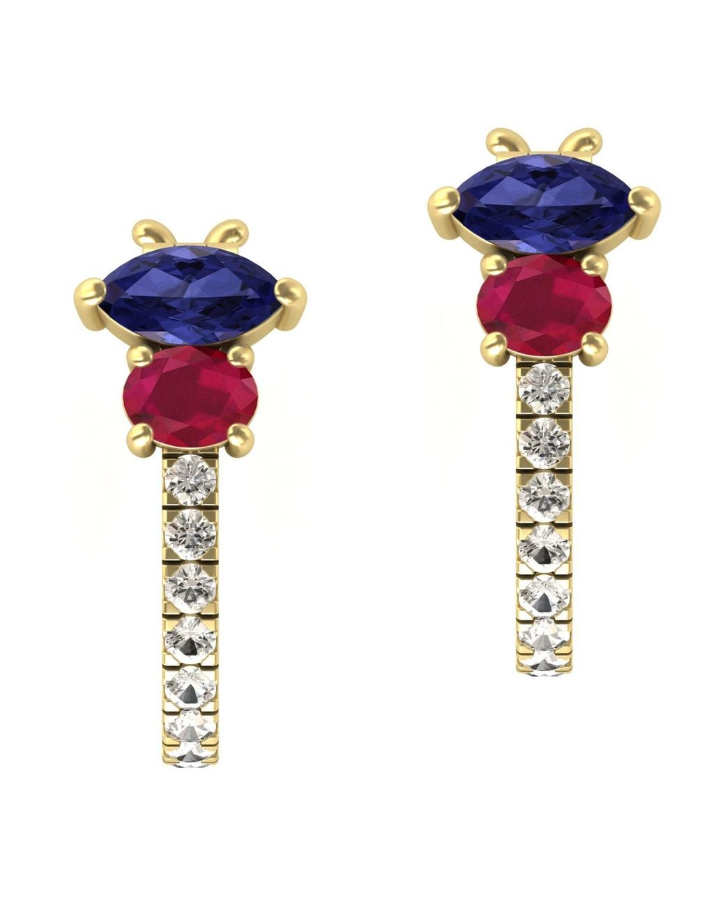 Artisan Blue Ruby, Sapphire & Diamond Bar Drop Earrings