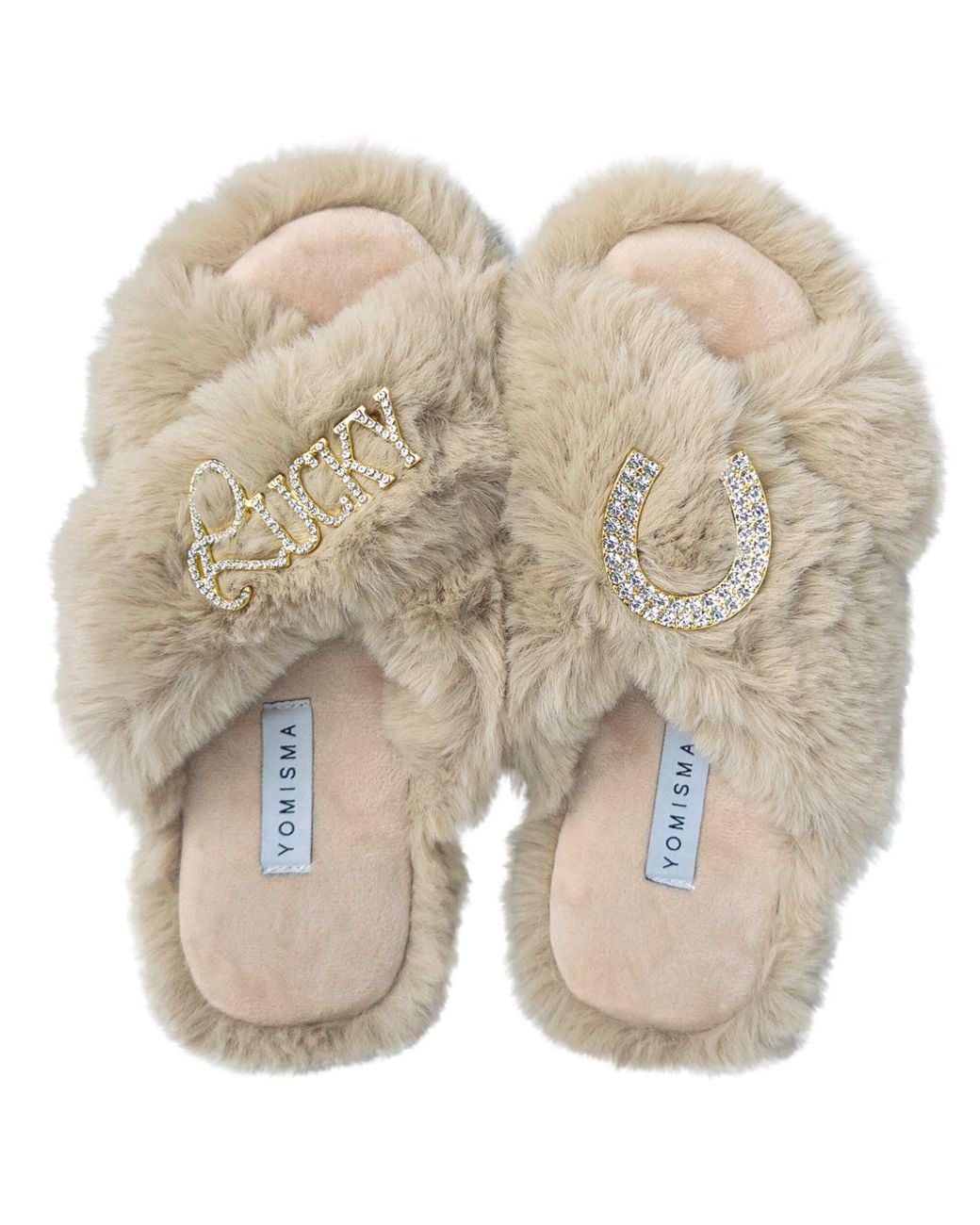 Yomisma Natural Neutrals Eco Faux Fur Slippers – Recycled Faux Fur With Lucky + Horseshoe Embellishment