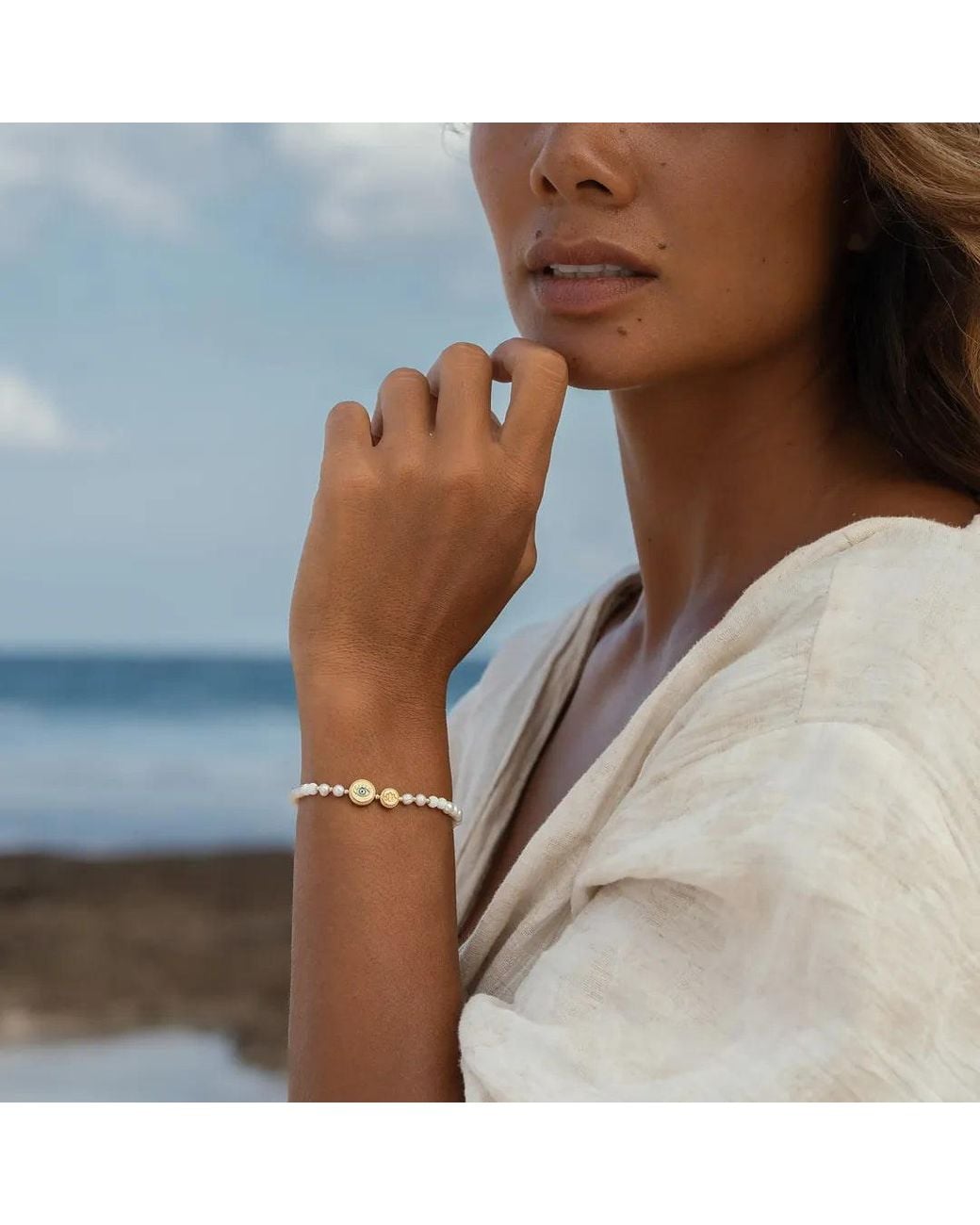 Karma and Luck Metallic Serene Protection Pearl Evil Eye Lotus Bracelet