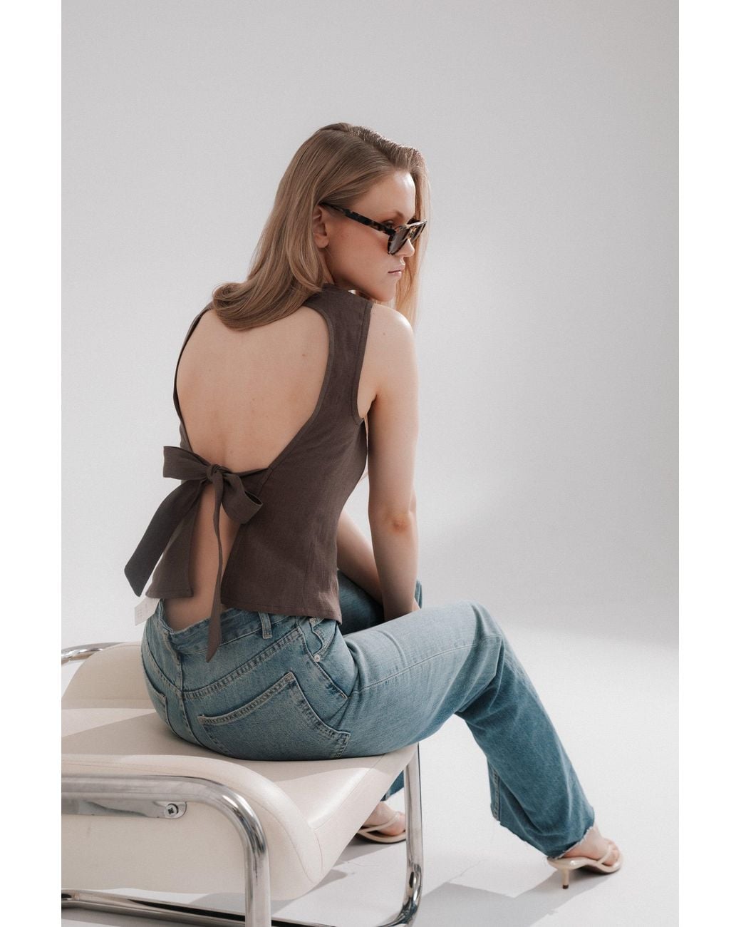 Idyllo Brown Linen Open Back Top With Tie