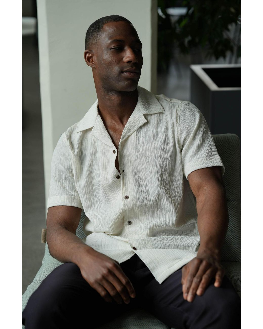 Stovaria Natural Camp Collar Half Sleeve Crushed Cotton Shirt With Coconut Shell Buttons for men