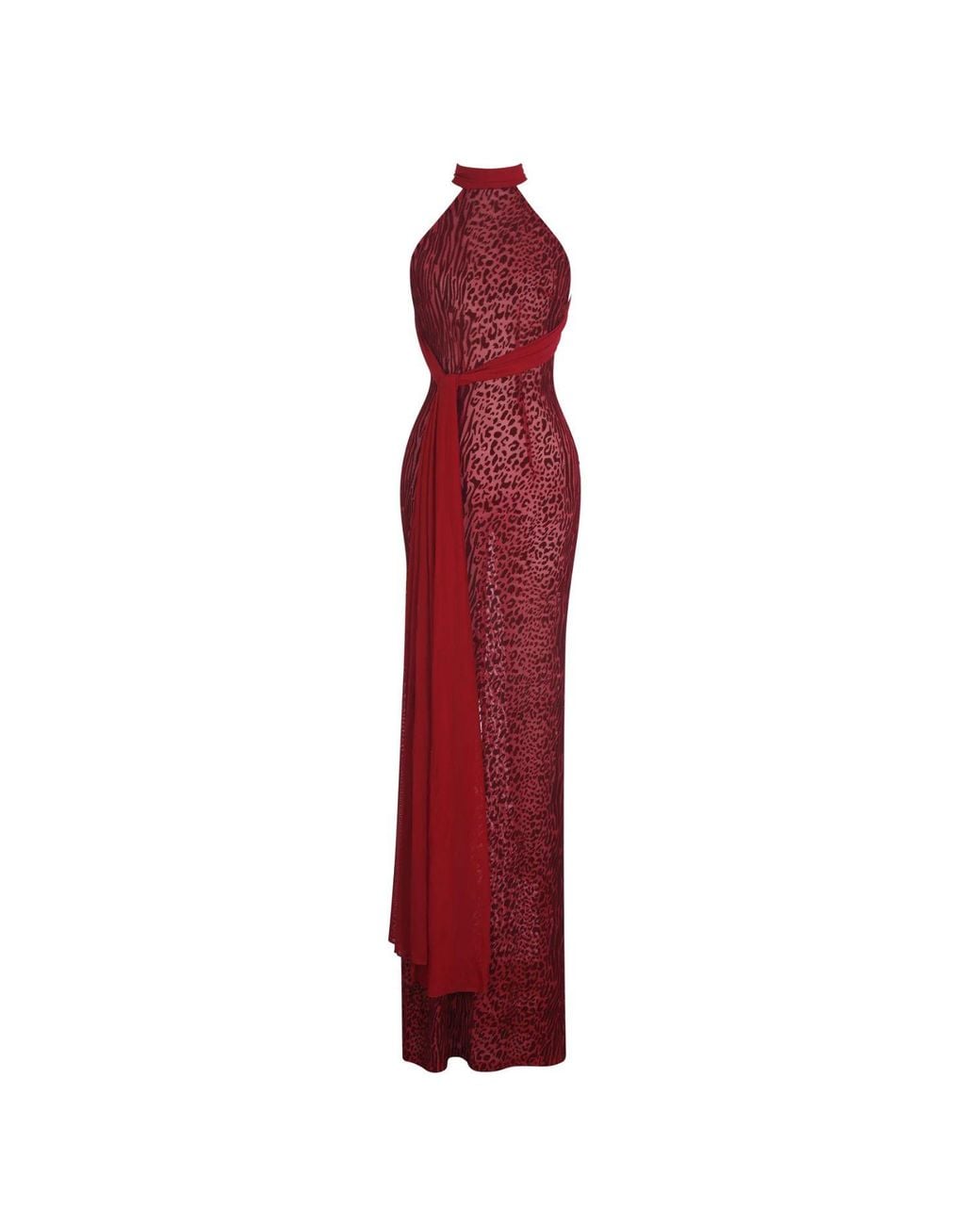 Miss Circle New York Red Cerise Scarlet Burnout Velvet Multiwear Mesh Ribbon Maxi Dress