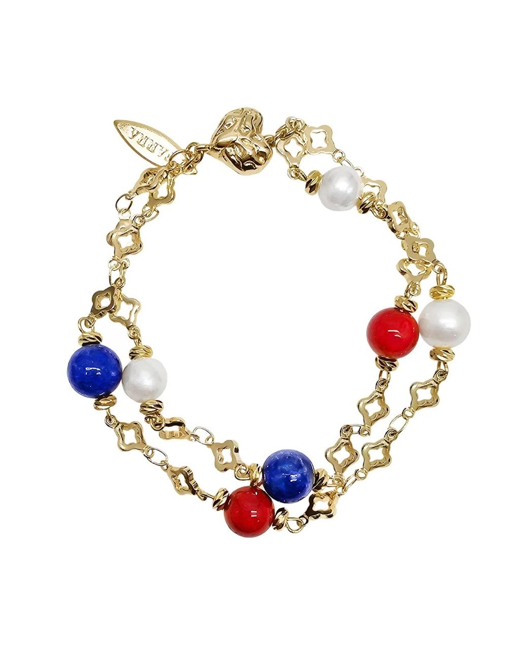 Farra Blue Lapis Bamboo Coral And Pearl Double Layer Chain Bracelet