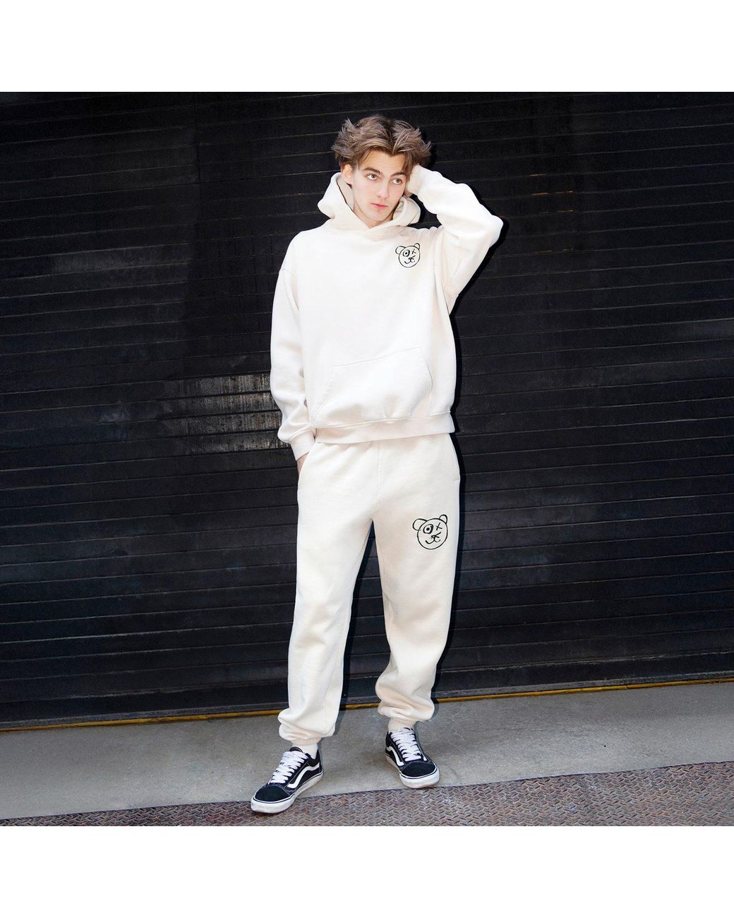X Ilona Blue White Neutrals Graffiti Teddy Bear Cotton Cream Vintage Wash Joggers for men