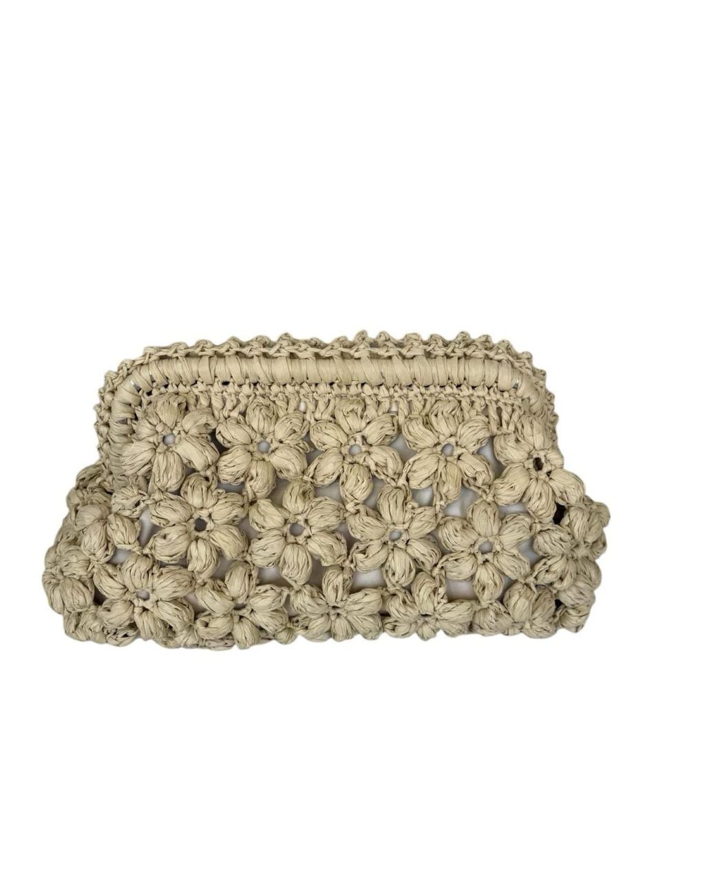 Springmoonatelier Natural Neutrals Handmade Cream Raffia Clutch Bag With Floral Motifs – Elegant Spring And Summer Purse