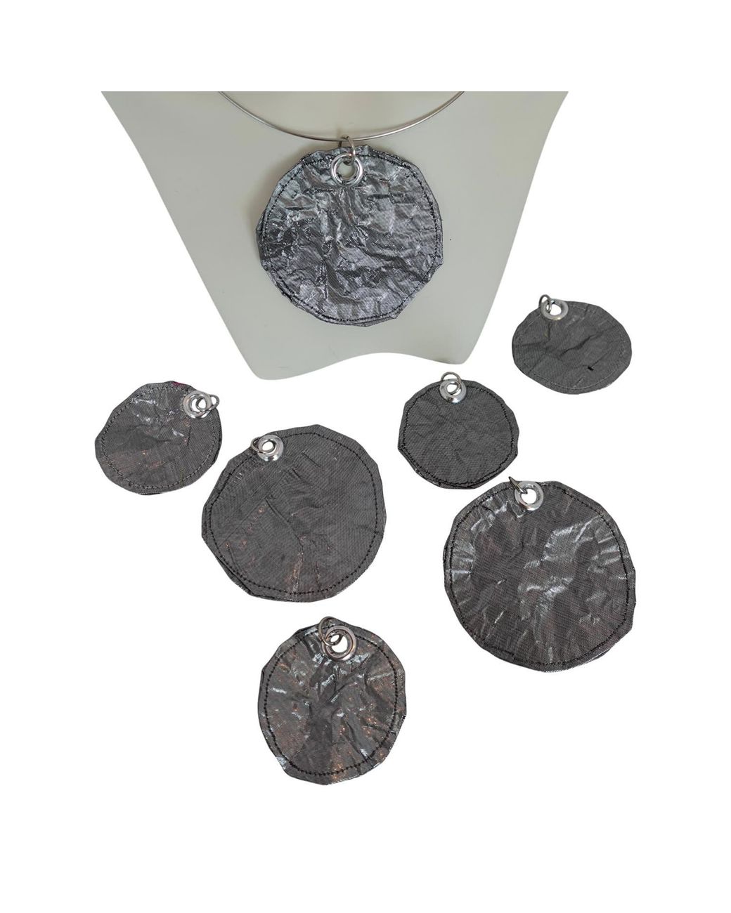 Romer Millinery Gray Metallic Sillk Disc Coin Choker Steel