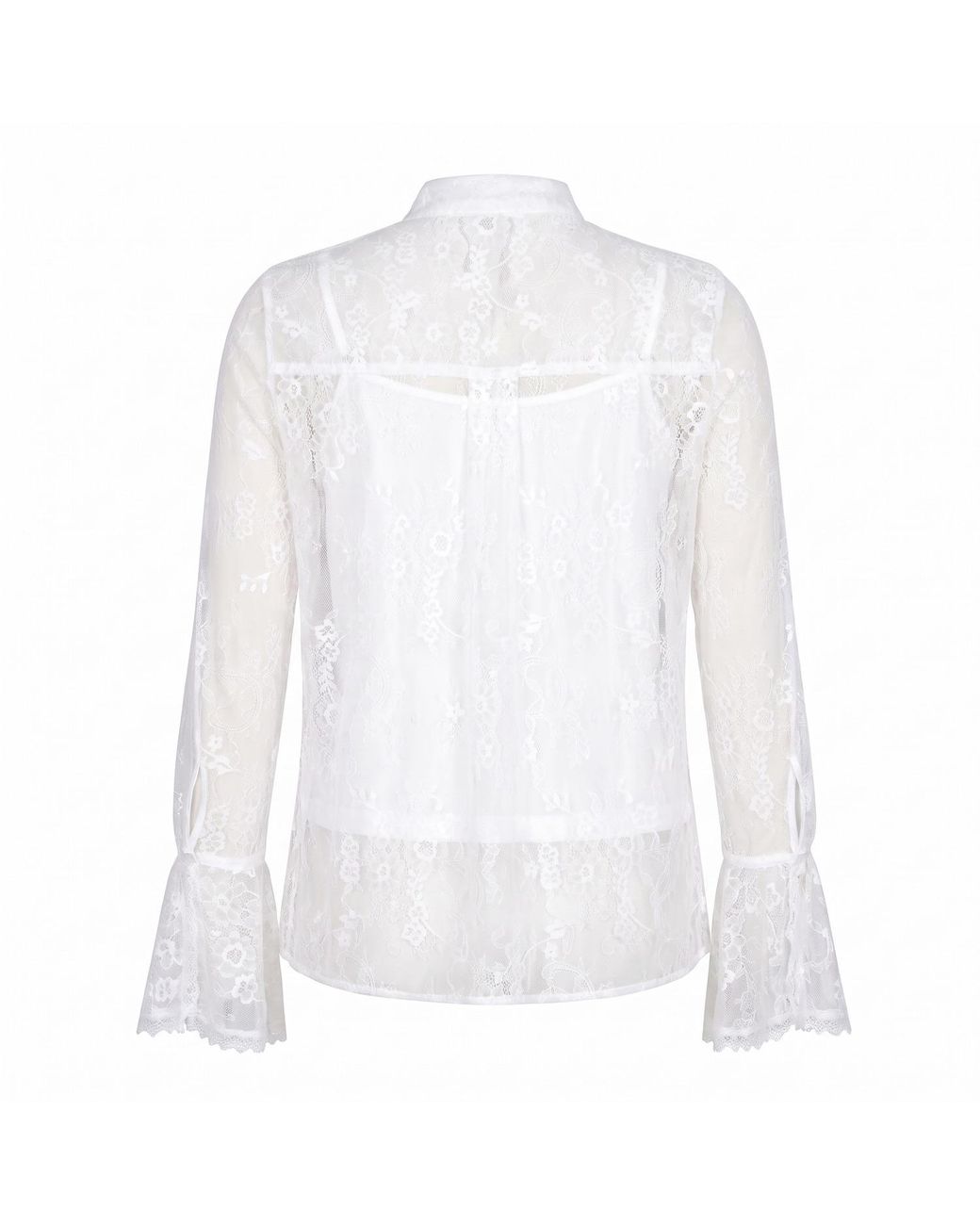 Modenaire White Sheer Lace Blouse With Bow Tie Neck Ruffle Front Detail With Cami