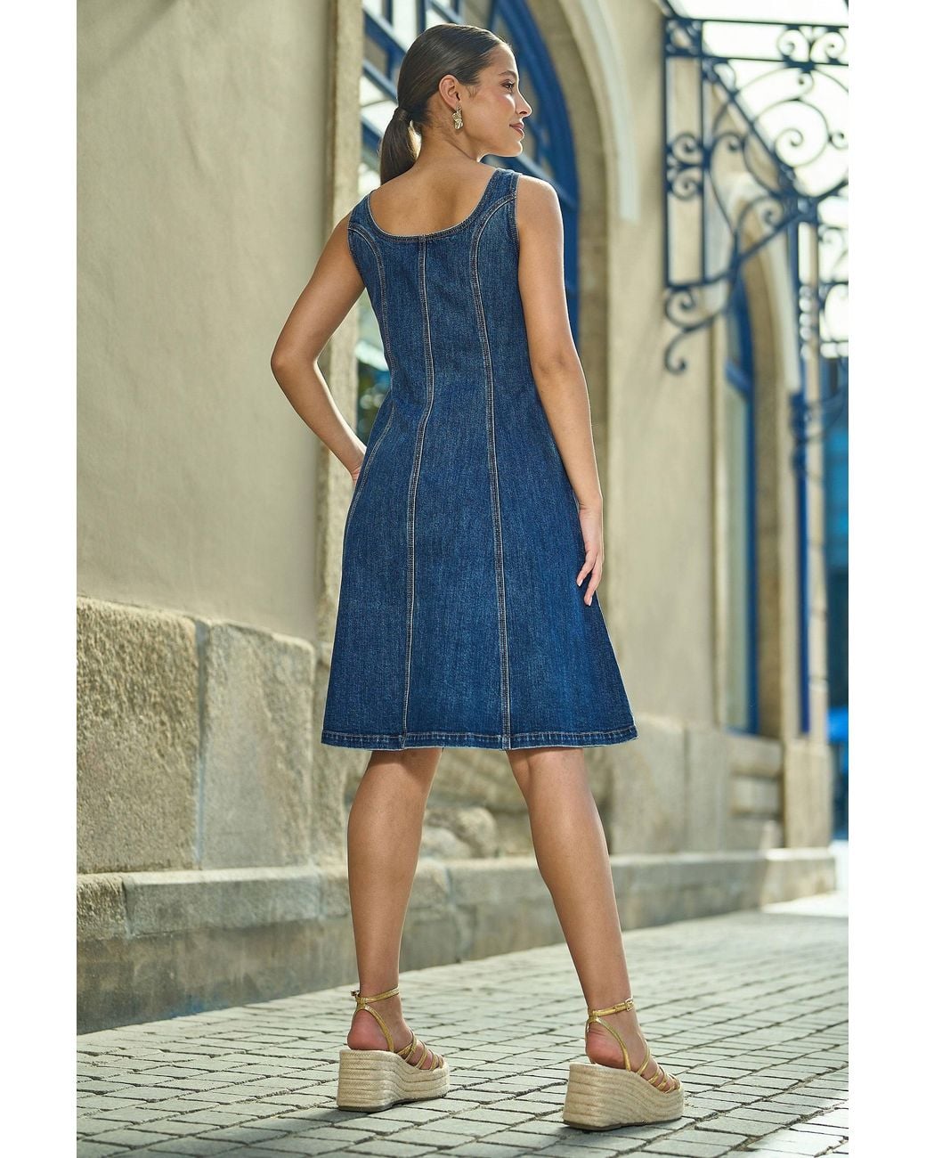 Yumi' Blue Stretch Denim Panel Fitted Dress