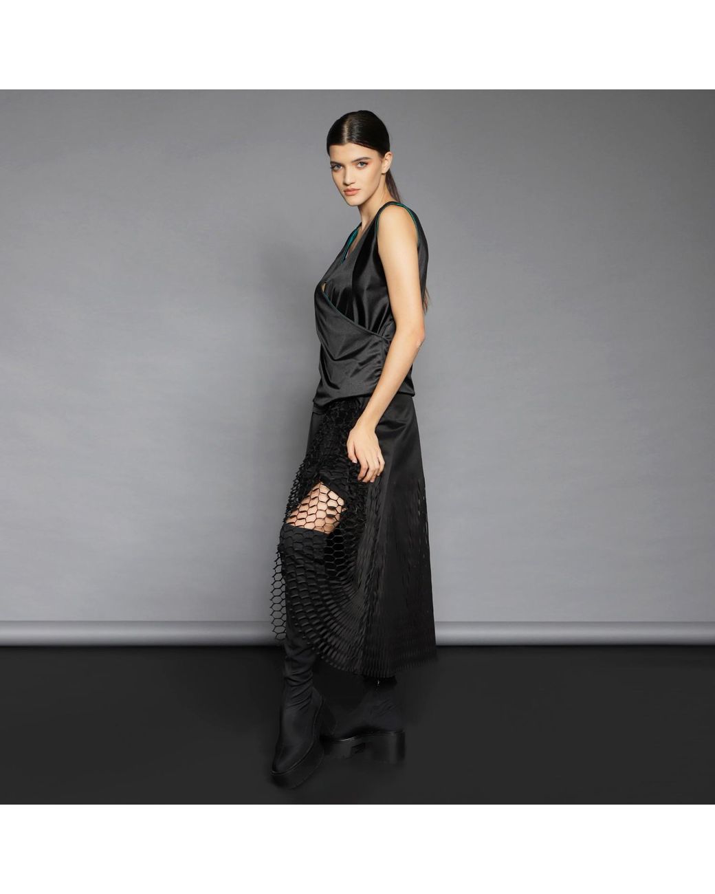 Silvia Serban Black Midi Laser Cut Paneled Skirt