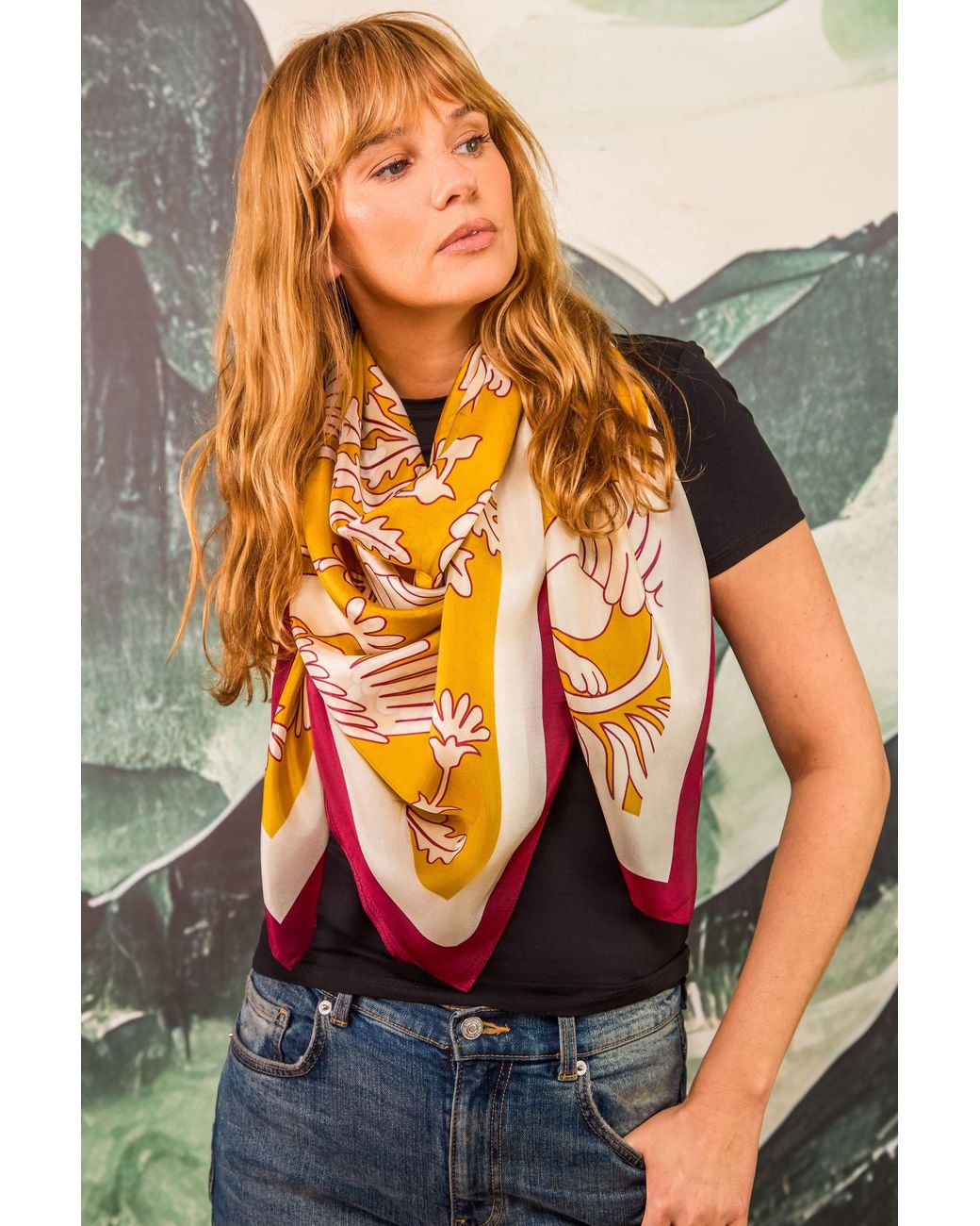 Artemis Muse Metallic Regal Doves & Lions Wine & Mustard Luxury Silk Scarf