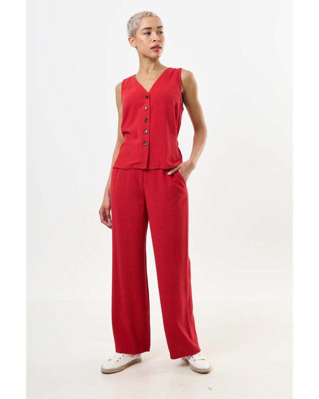 Louche Red Tilde Linen Mix Wide Leg Trousers
