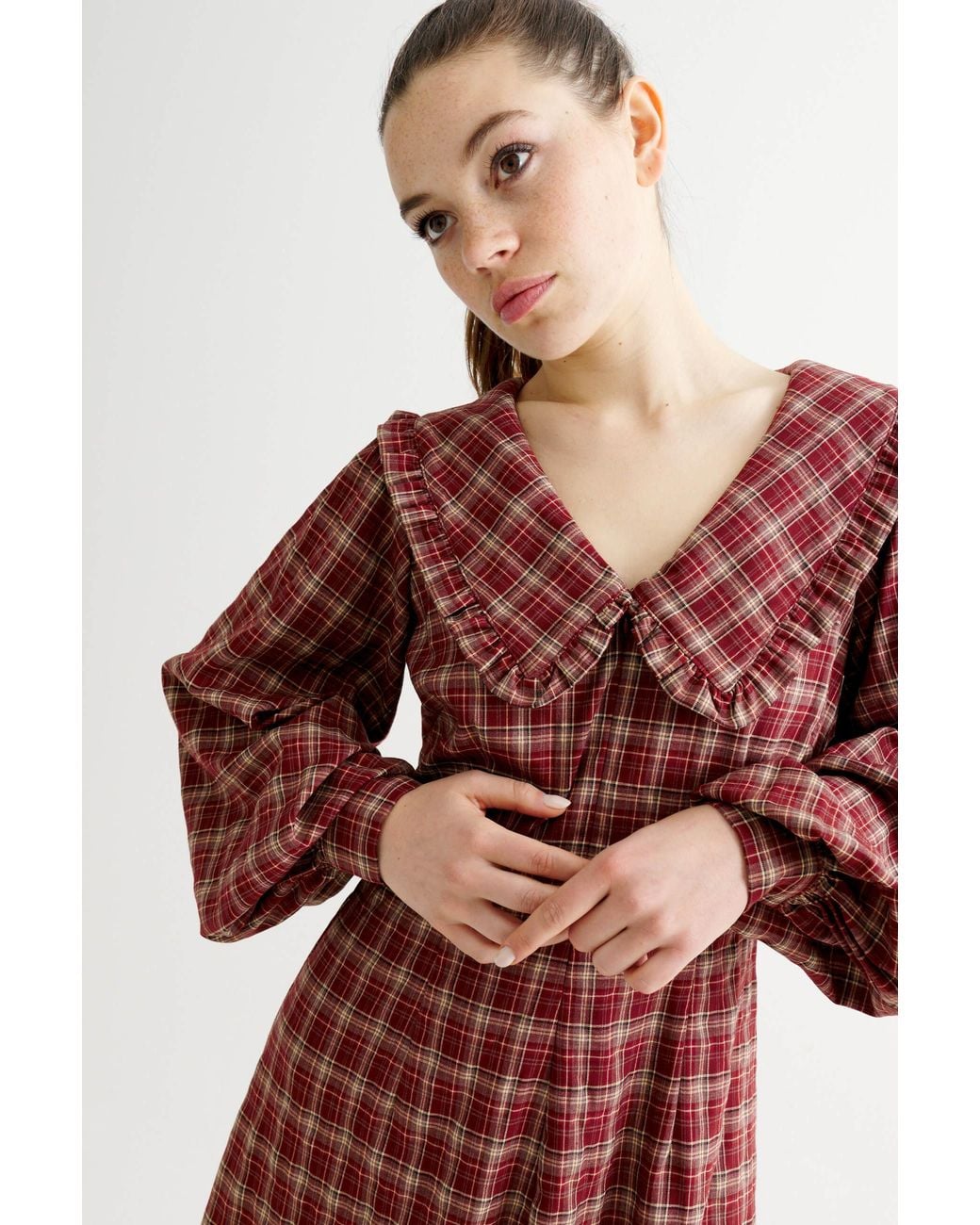 Louche Red Alva Shadow Check Long Sleeve Midi Dress