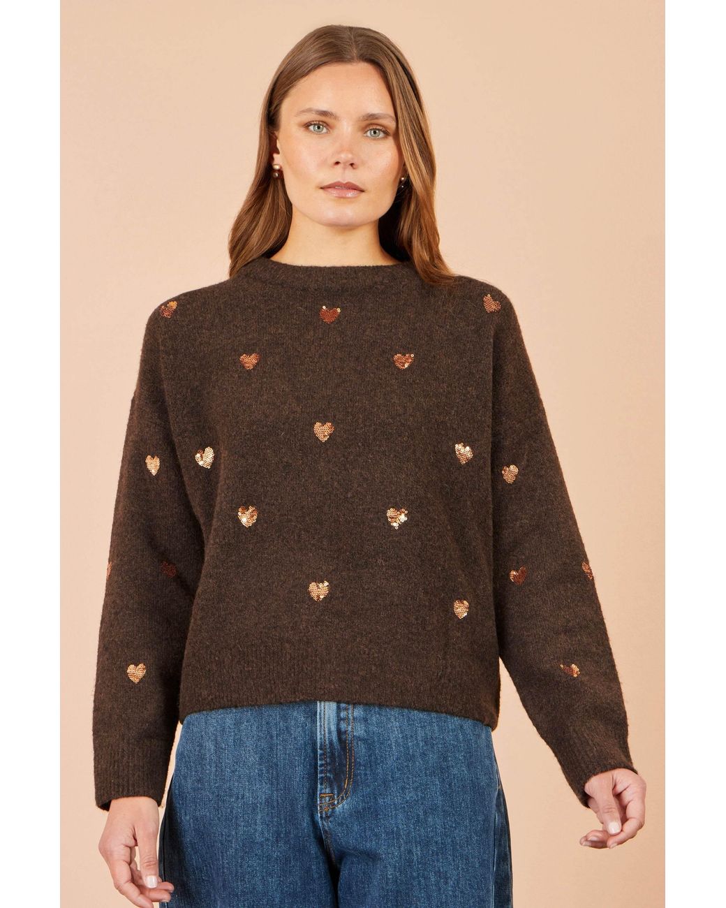 Yumi' Brown Sequin Heart Relaxed Jumper