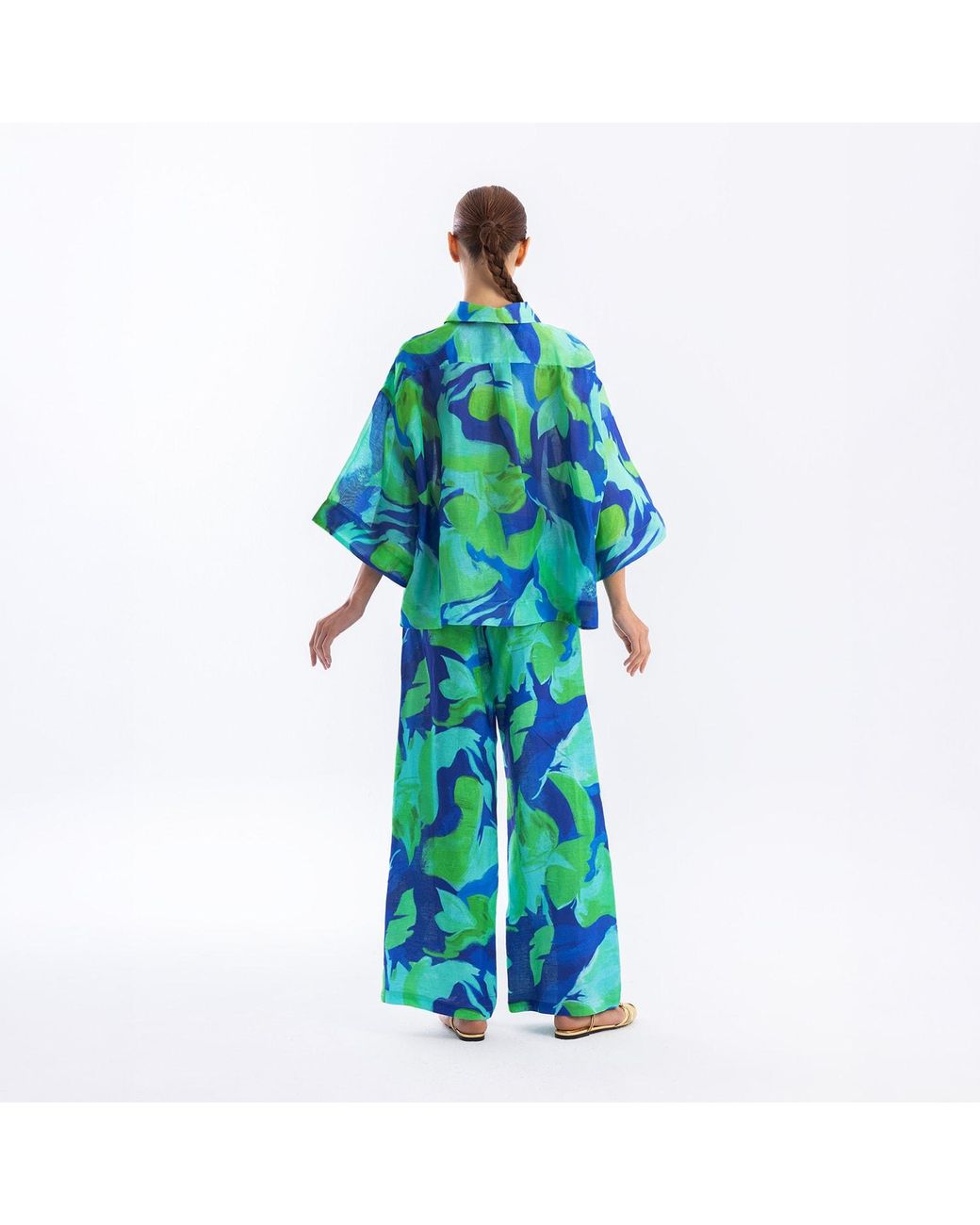 Haris Cotton Green Loose Fit Printed Linen Blend Shirt Lagoon