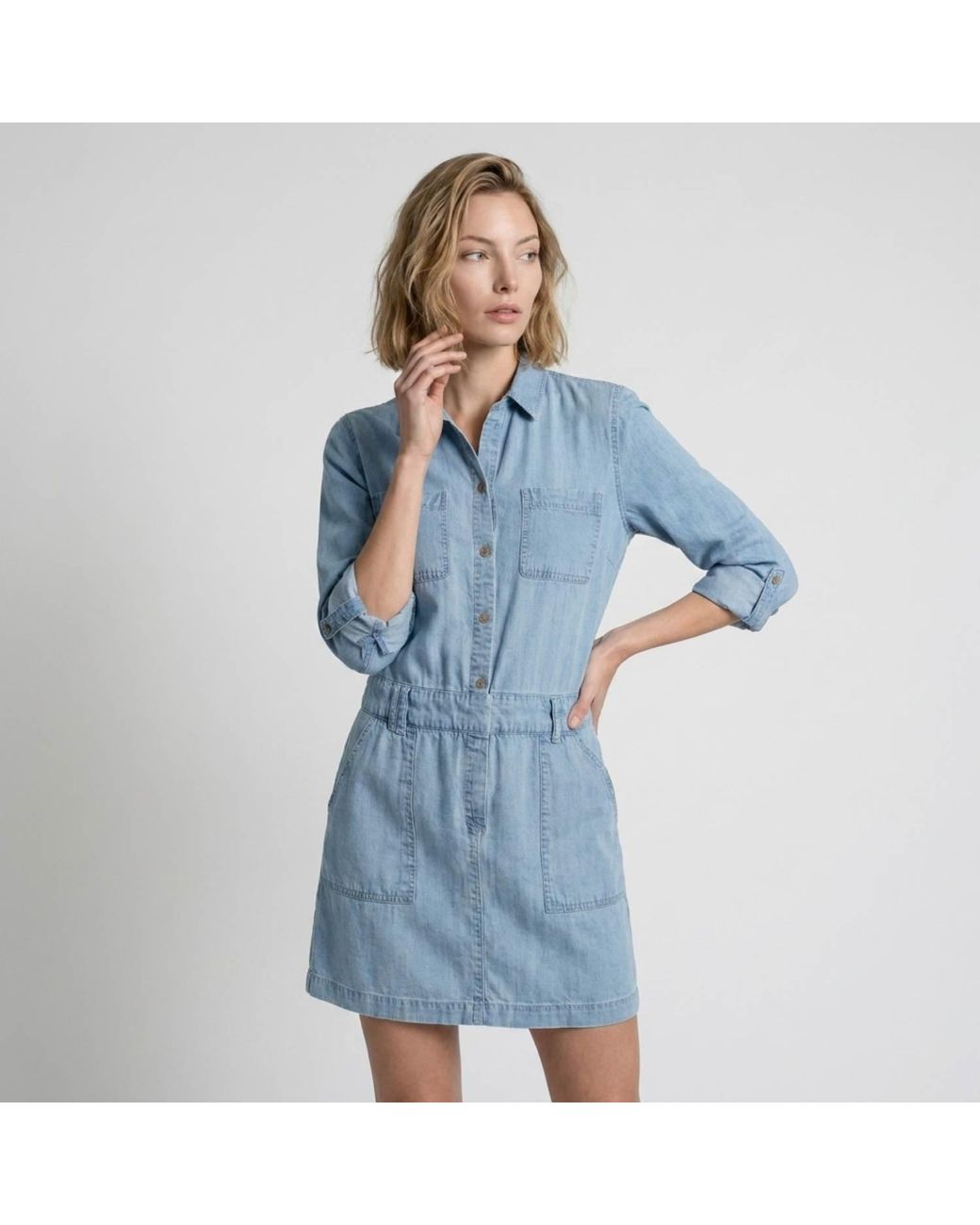 Modenaire Blue Denim Mini Dress Structured Button Front