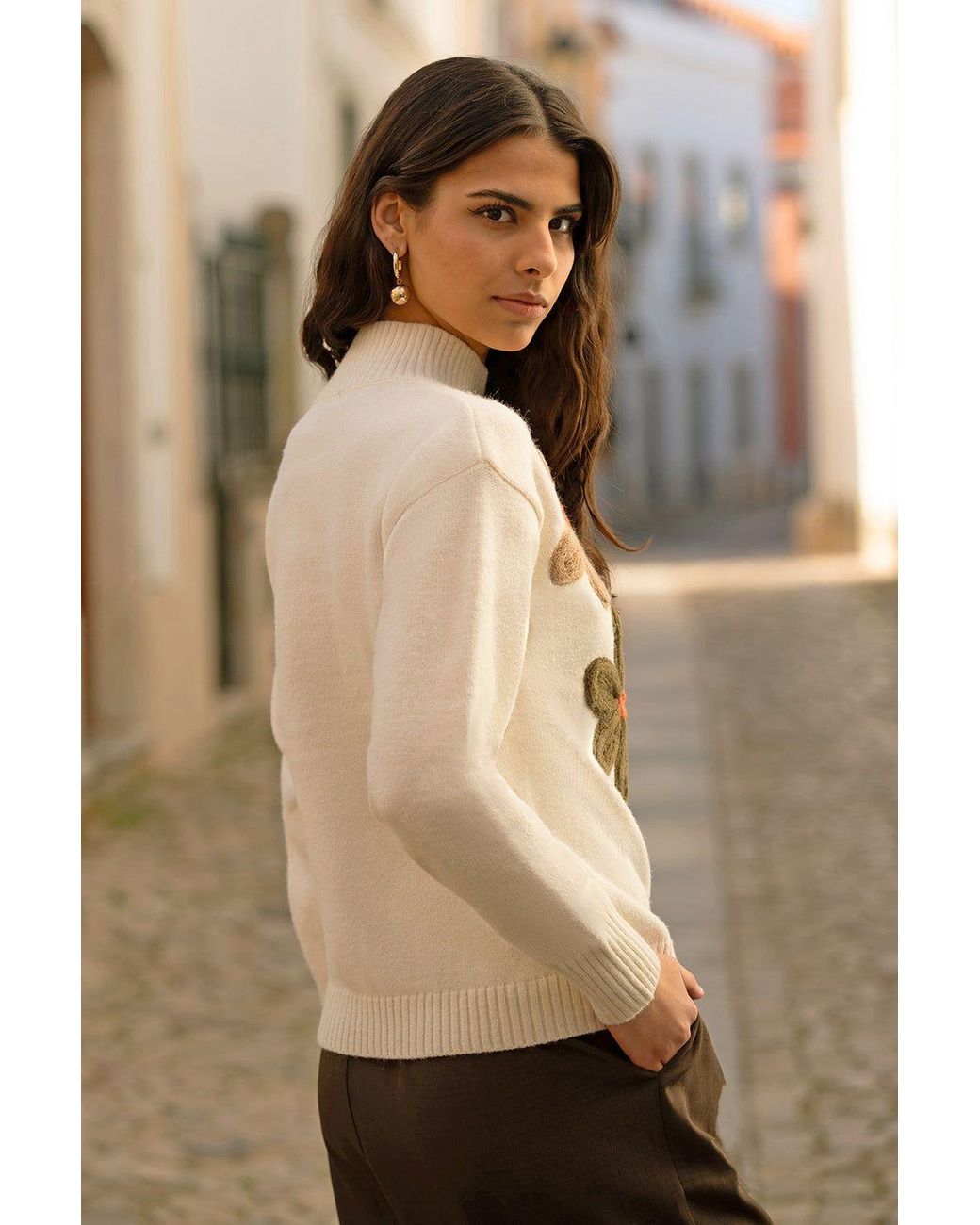 Yumi' White Ivory Knitted High Neck Jumper With Applique Flowers