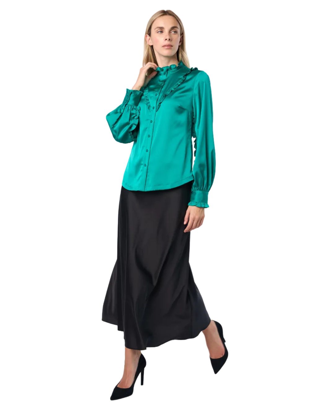 Carloslines Green Ruffle Stand Collar Long Sleeve Shirt