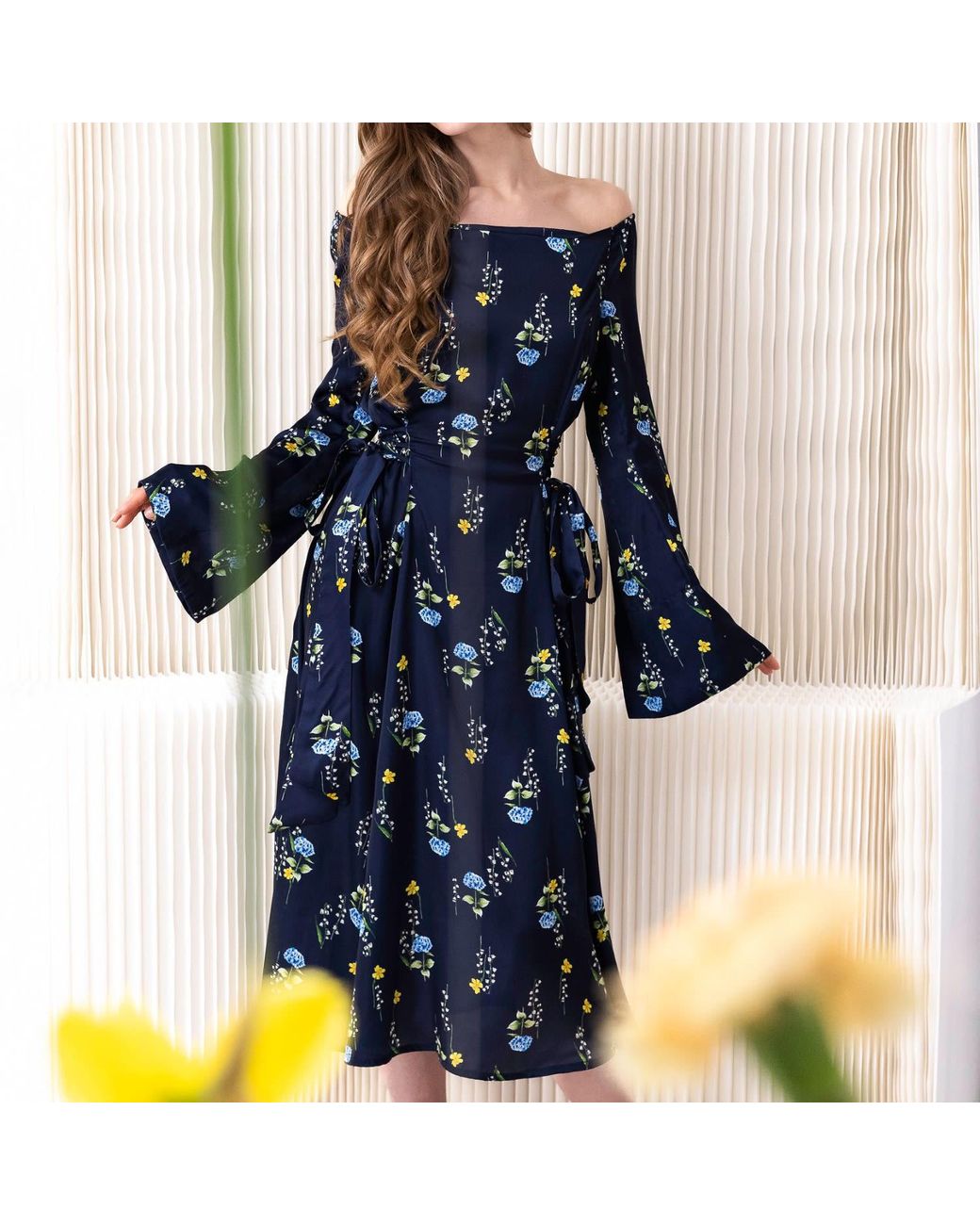 RainSisters Blue Adjustable Waist Midi Dress: Meadow Dream